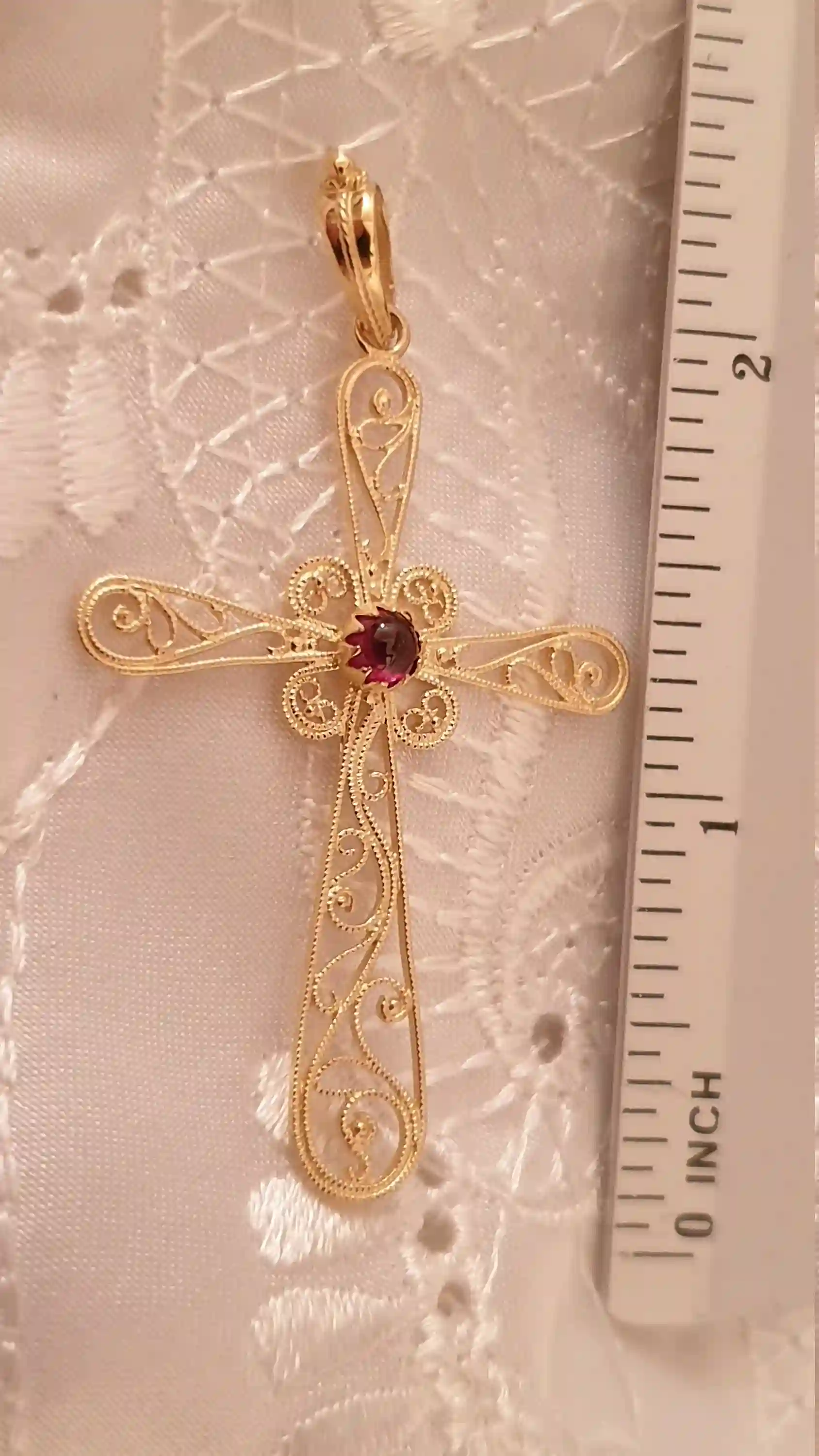 18Kt Solid GOLD Garnet Cross pendant gift for women/FILIGREE Gold Cross Charm Religious Jewelry Byzantin pendant 18k HANDMADE Christian gift 