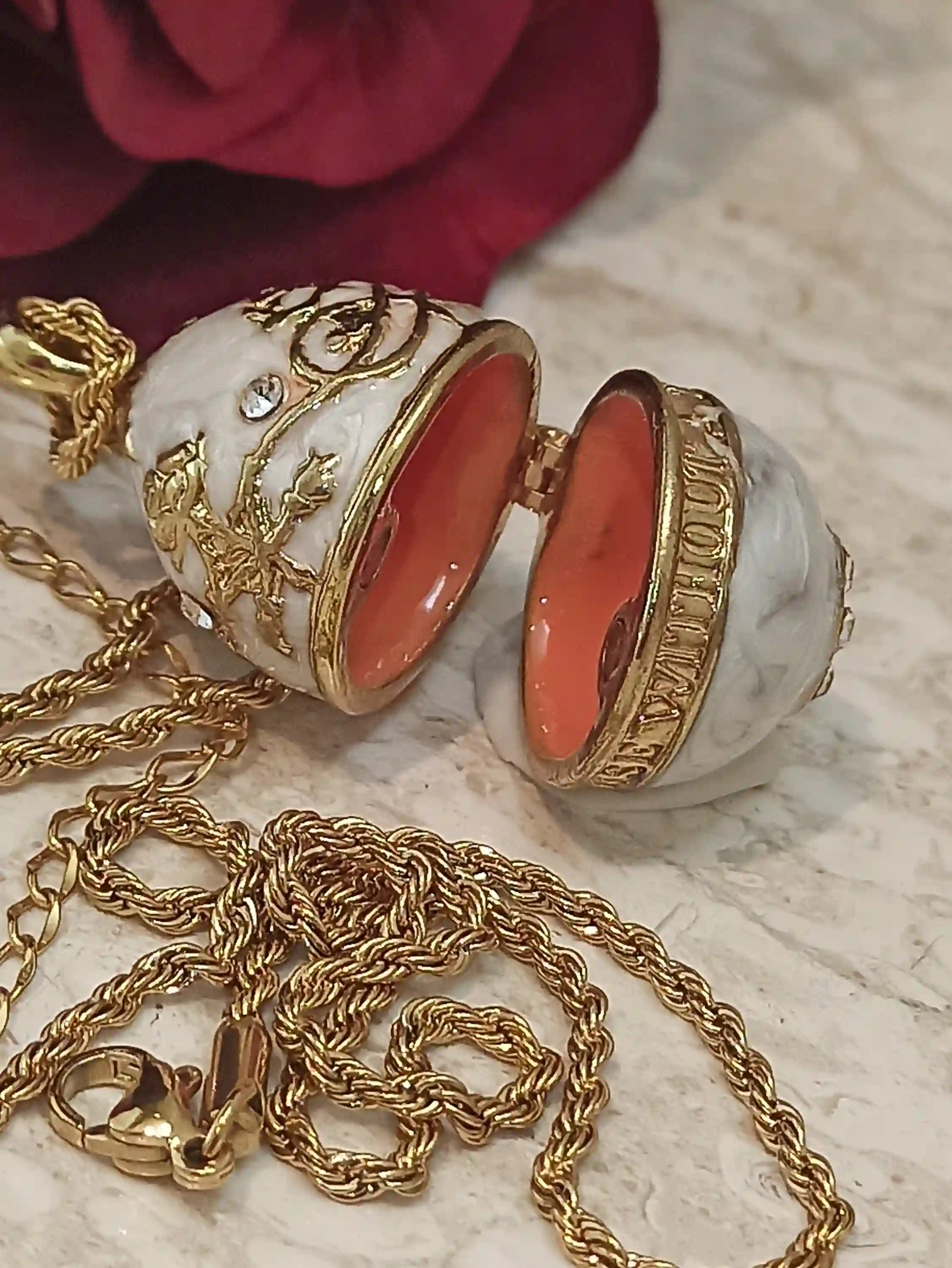 Luxury Faberge Egg Pendant Locket White Faberge Egg Necklace SET 24k GOLD Faberge Jewellery Austrian Crystal Handset + Gold White Bracelet 