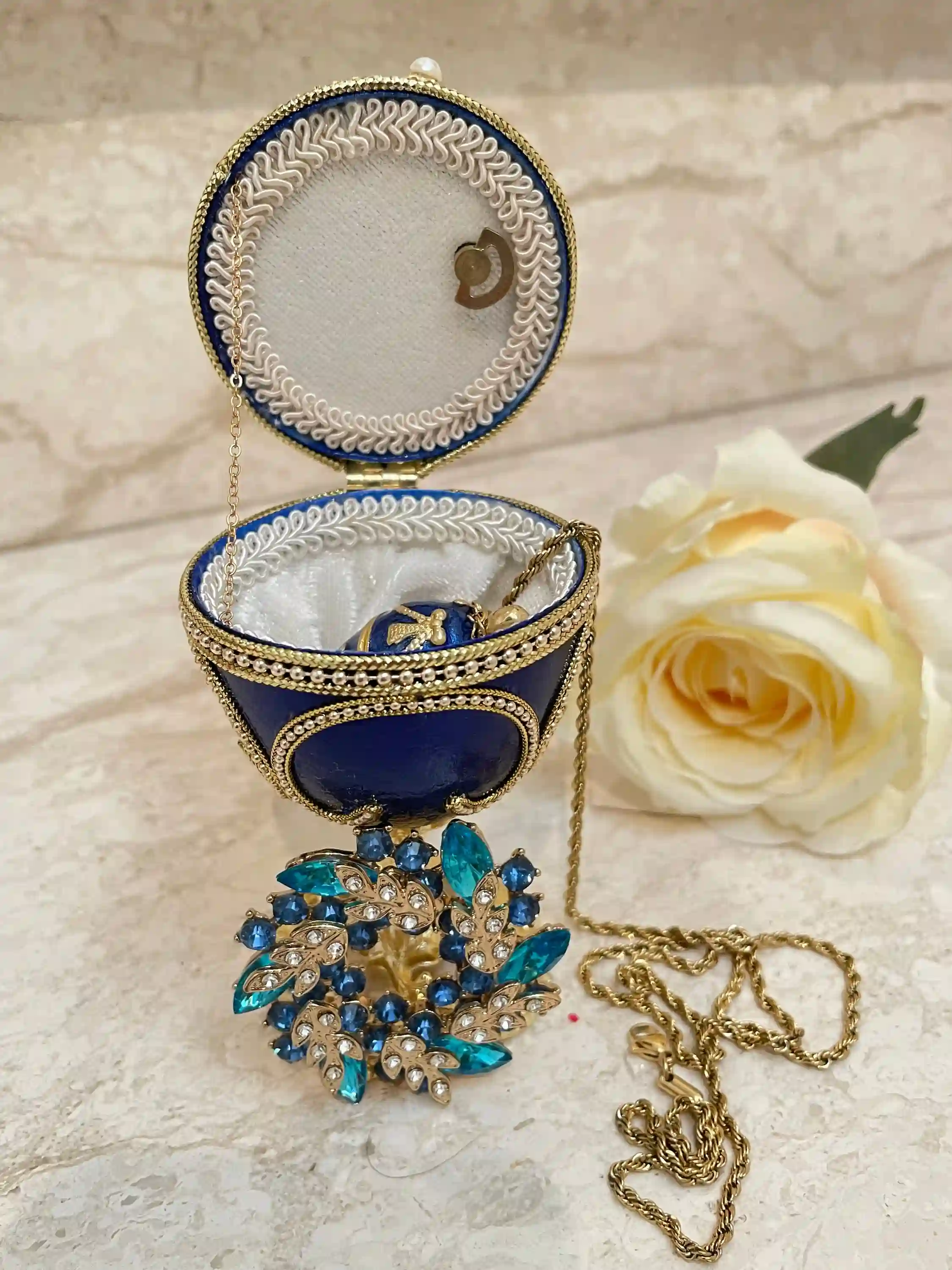 Blue Faberge-Style Egg - Faberge Egg Music Box & Faberge Egg Pendant Handmade Egg Necklace jewelry - Something blue gifts for bride - Home Decor 
