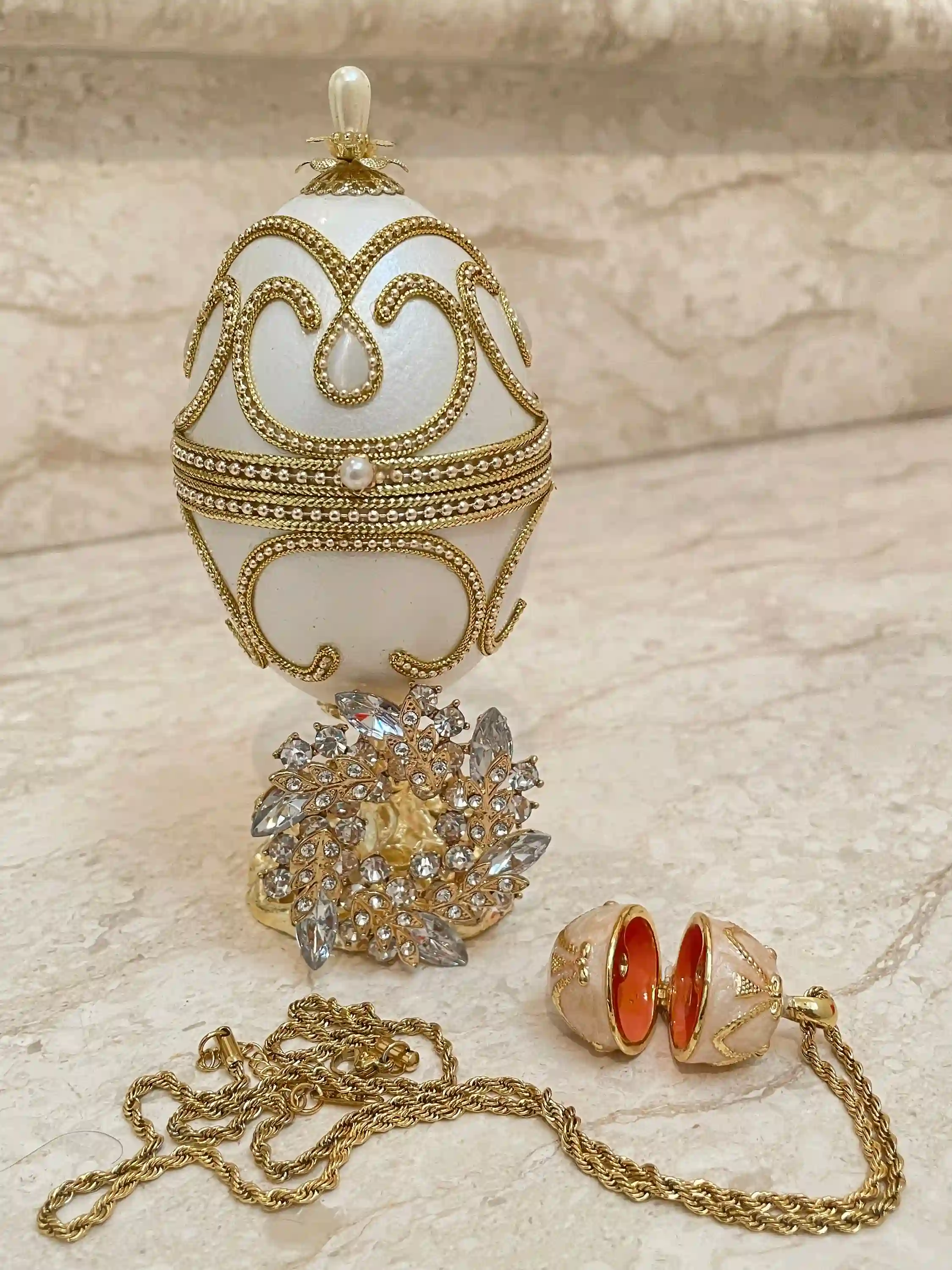 Faberge , Gold Faberge-Style Egg MUSIC Box, &, Faberge style Egg pendant, Home decor, Handmade White Faberge egg SET, Bridal Shower Gift for Bride 