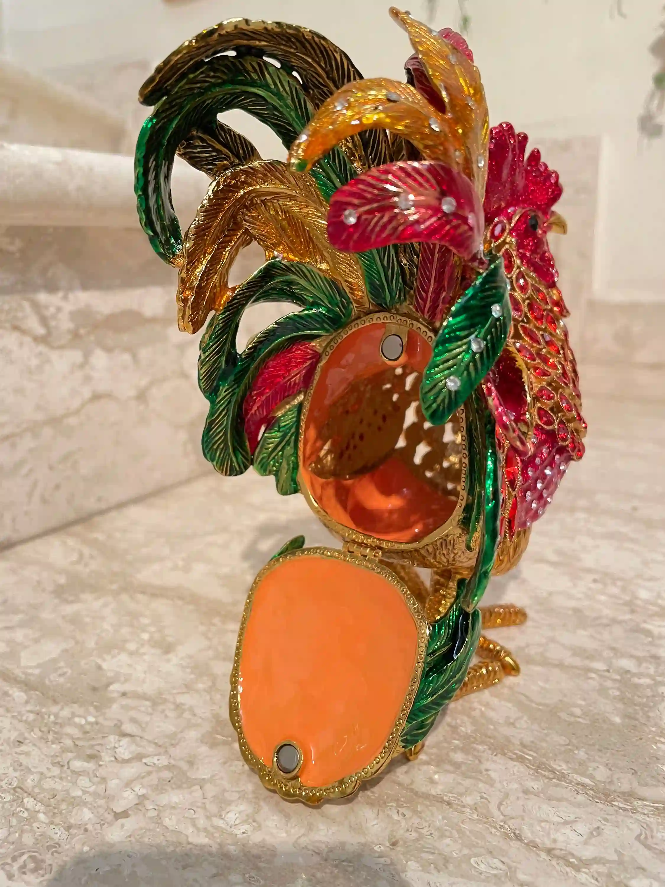 2002 Vintage RUBY Red Faberge-Style Egg Rooster Jewelry Box, Rooster Lover 21st Birthday 21 Anniversary Gift for Graduation present for Christmas 