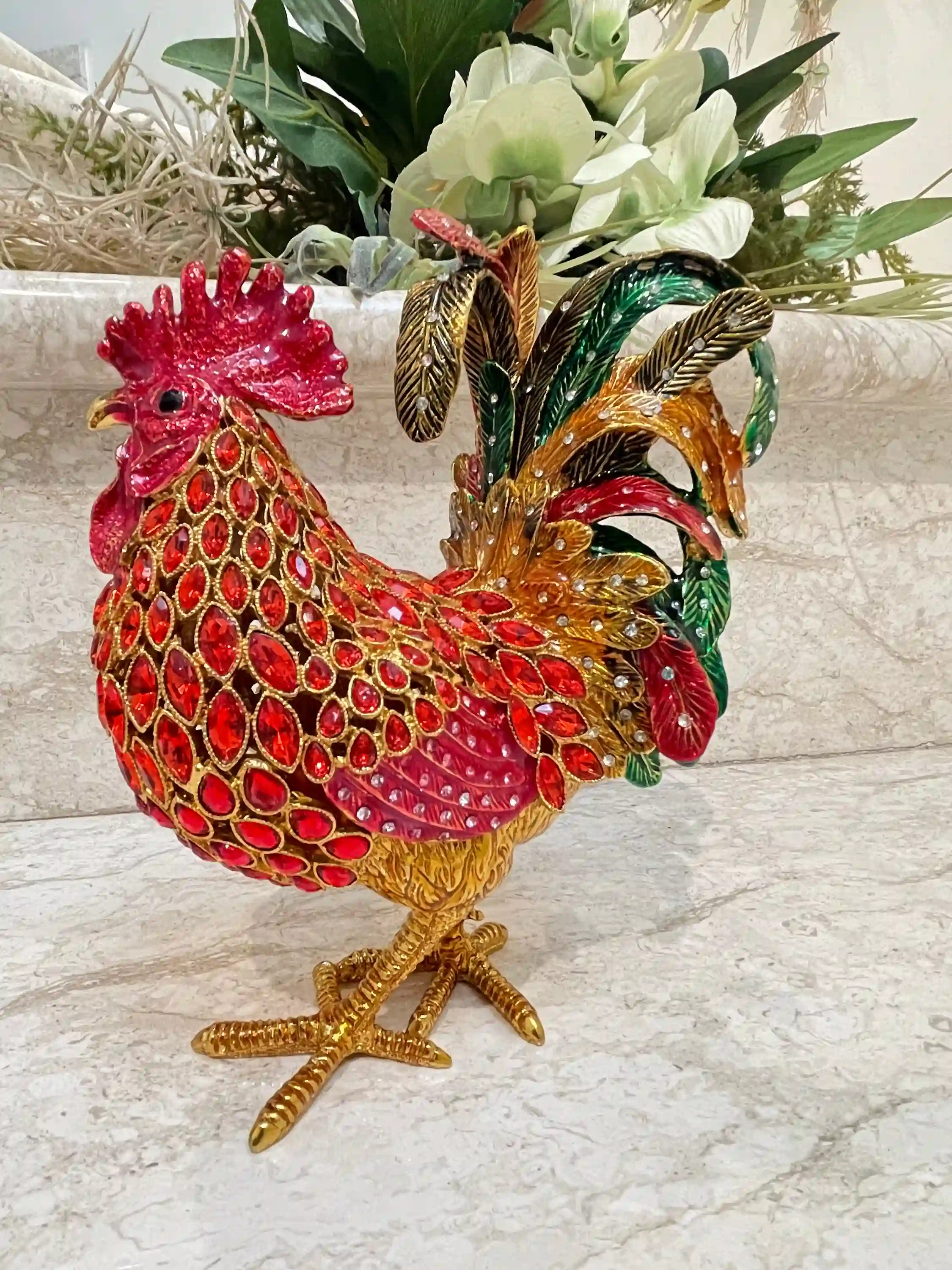 2002 Vintage RUBY Red Faberge-Style Egg Rooster Jewelry Box, Rooster Lover 21st Birthday 21 Anniversary Gift for Graduation present for Christmas 