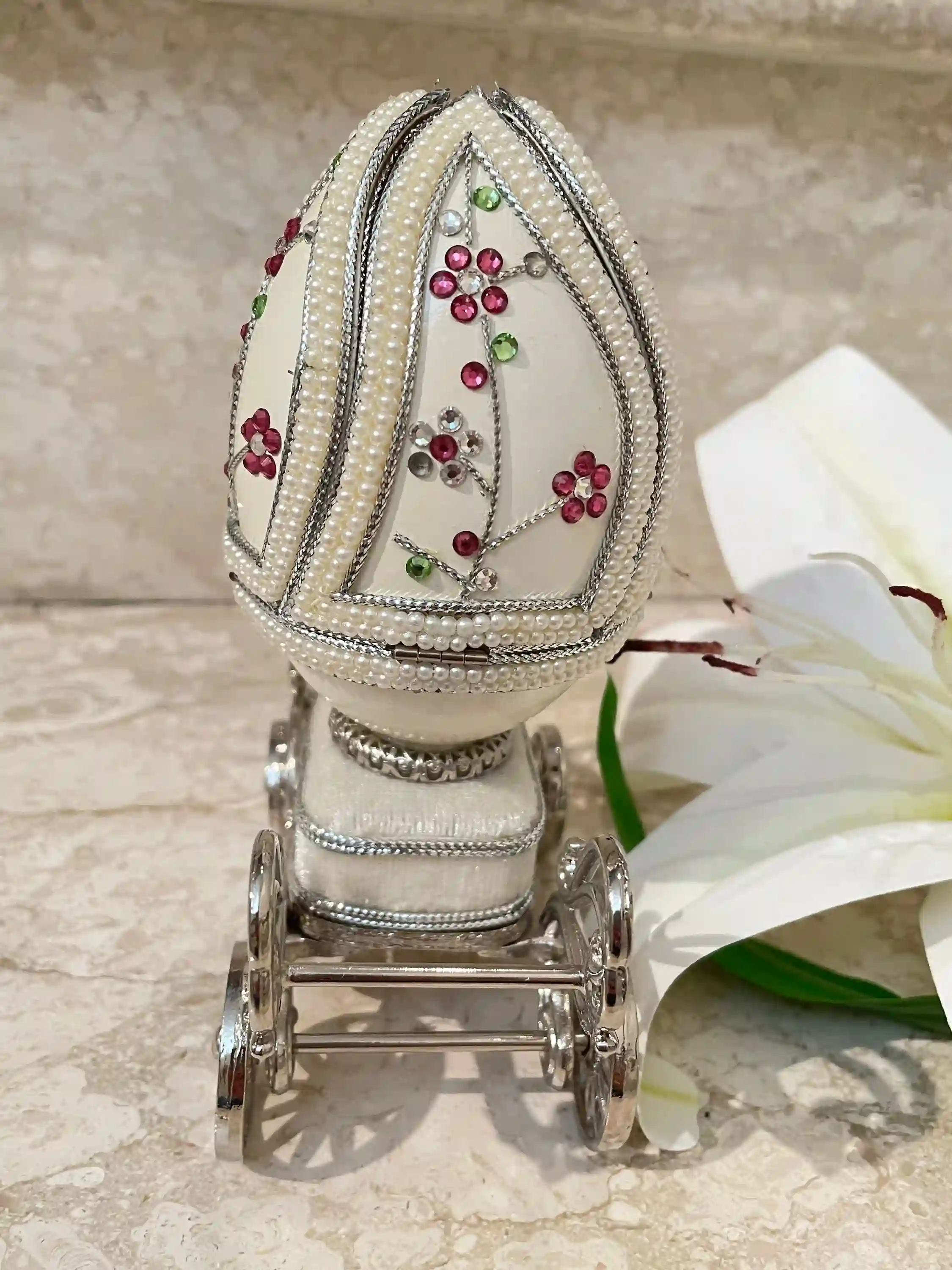 1983, Imperial Egg, Faberge-Style Egg Music, Handcarved REAL Egg PLUS, Faberge Jewelry, 3 carat DIAMOND Faberge Egg Necklace,40th Anniversary gift 