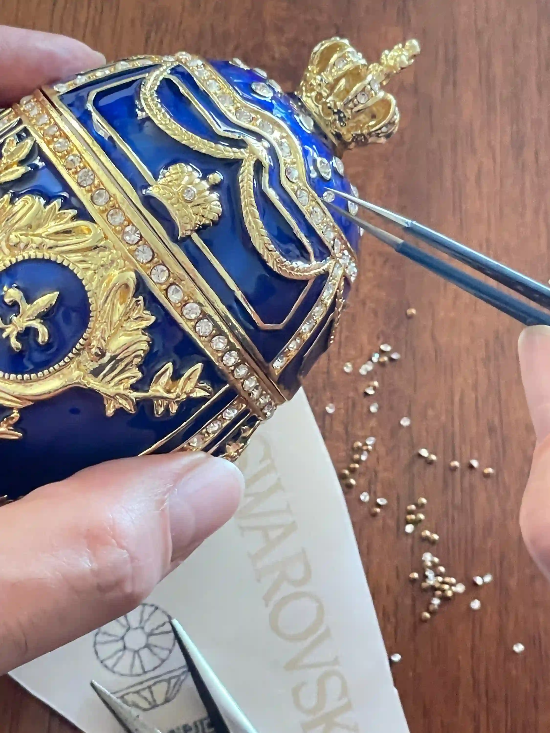 Sapphire Blue Faberge egg Pendant & Faberge egg Decorative Boxes, Something Blue Wedding gift,24k Gold 200Austrian Crystal HANDSET Blue gift 