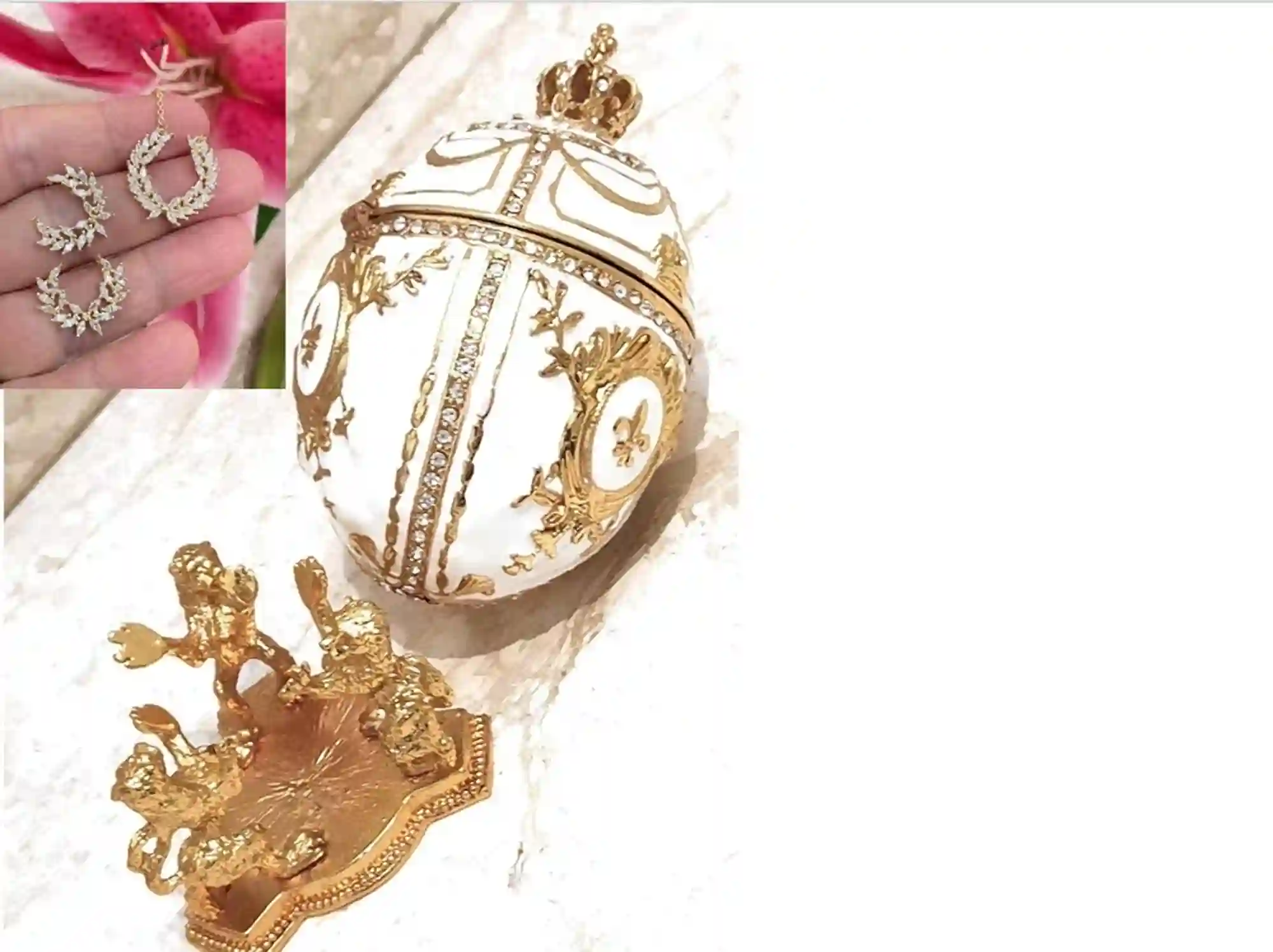 White Faberge Christmas New Years Wreath Jewelry + Faberge style egg Handmade Pure GOLD decor Swarovski Faberge Set LUCK Joy LOVE Happiness 