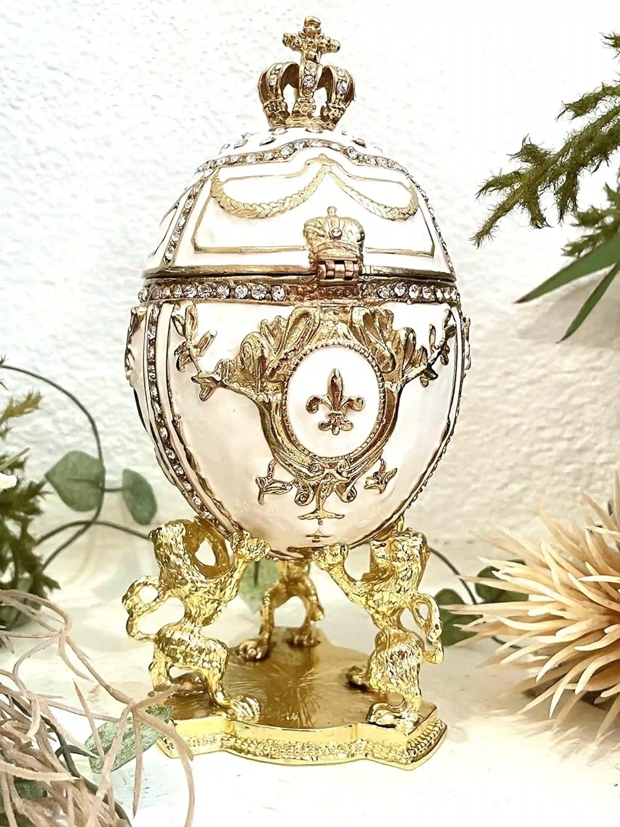 White Faberge Christmas New Years Wreath Jewelry + Faberge style egg Handmade Pure GOLD decor Swarovski Faberge Set LUCK Joy LOVE Happiness 