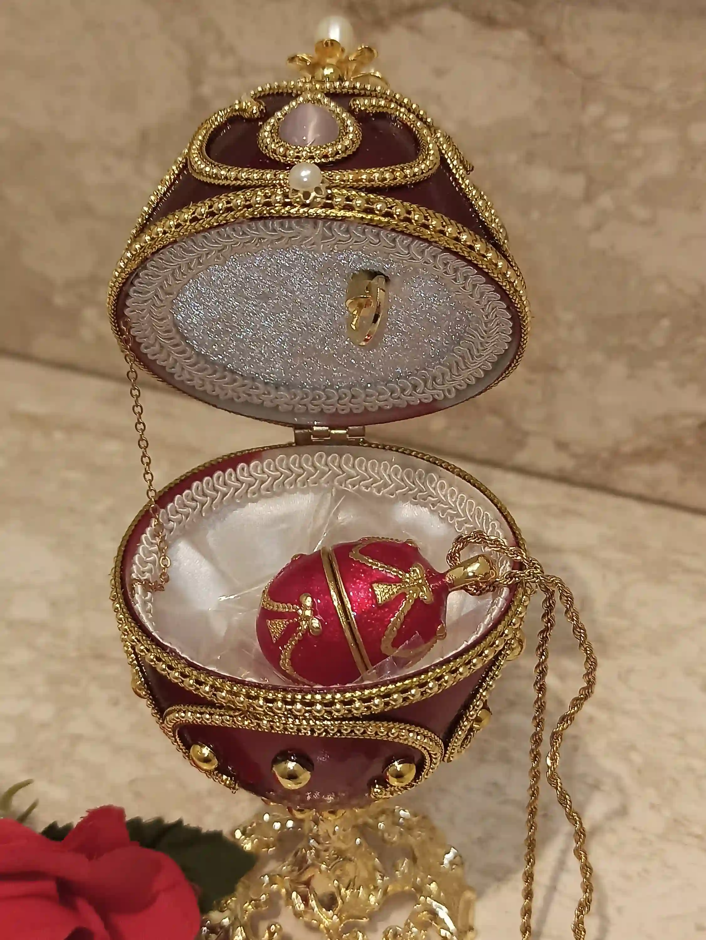 Mothers Day gift from daughter,Red Faberge-Style egg MUSIC box Trinket & Faberge style egg pendant ,Wife Birthday Mom gift,Sister Anniversary wife 