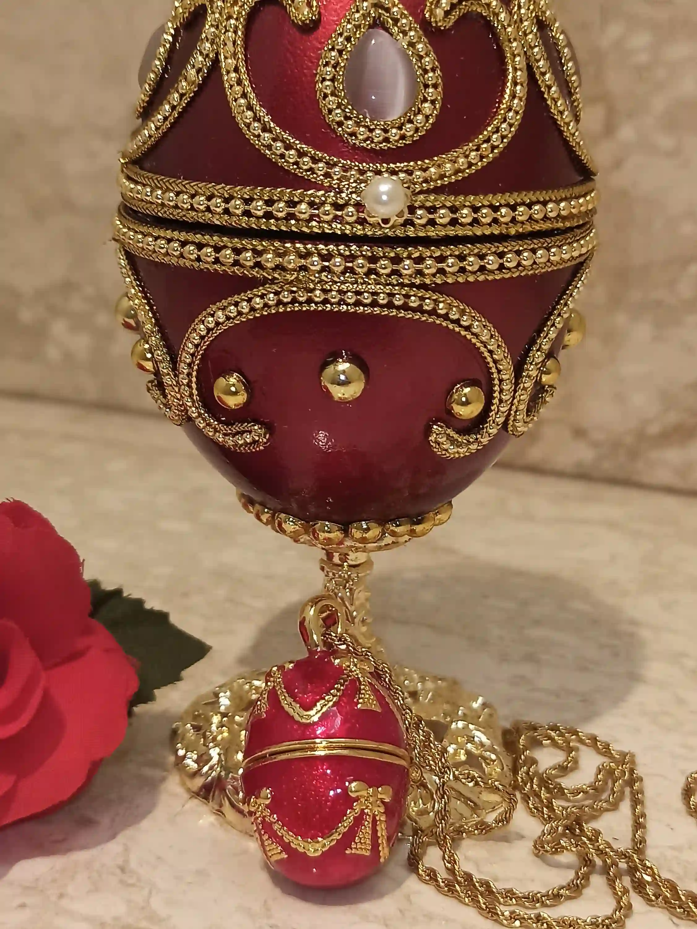 Mothers Day gift from daughter,Red Faberge-Style egg MUSIC box Trinket & Faberge style egg pendant ,Wife Birthday Mom gift,Sister Anniversary wife 