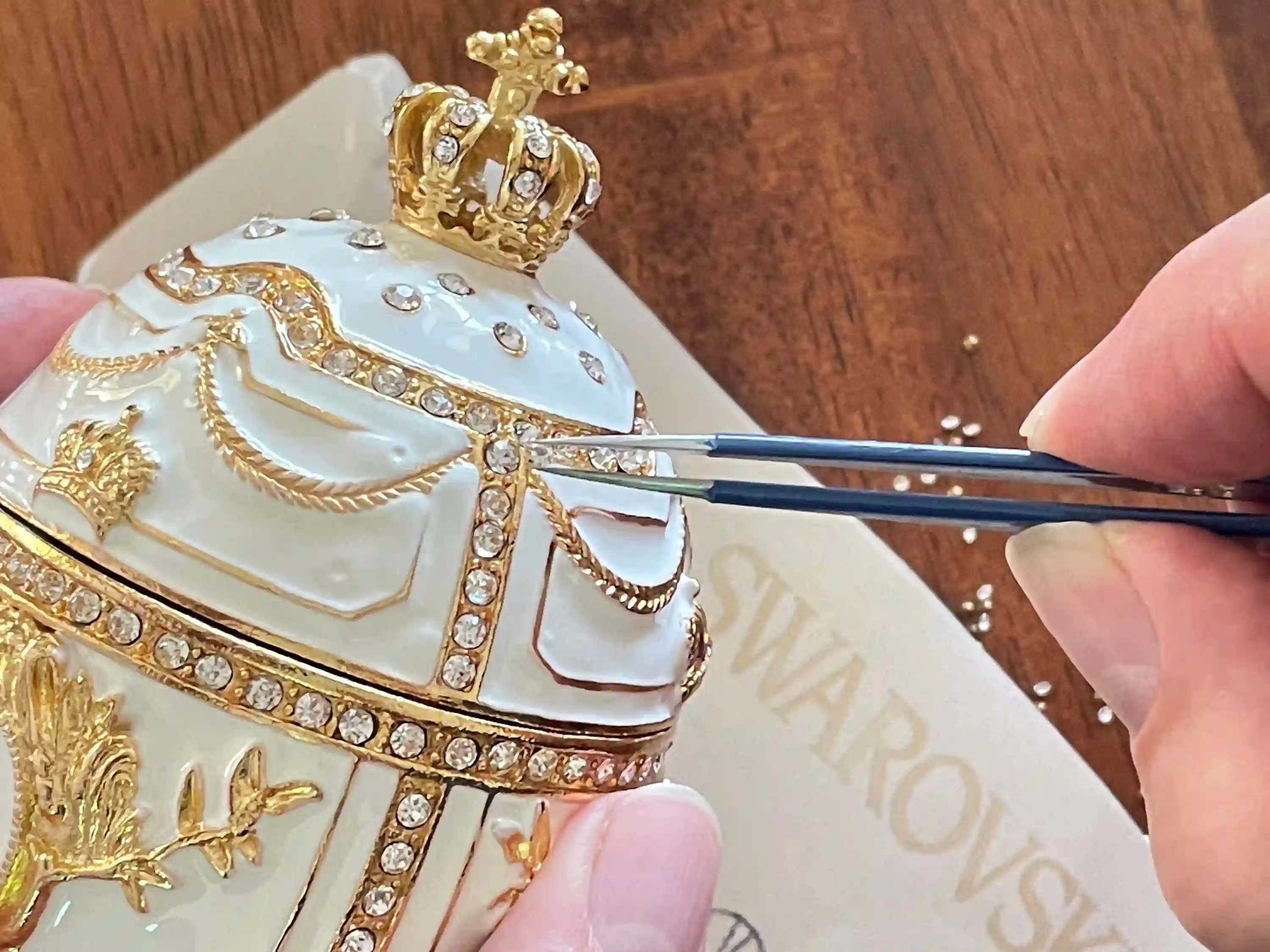 Faberge, White Faberge egg trinket box, Handmade Home decor, Graduation Gift from Parents, Faberge Style Egg, 24k Gold, 200 HANDSET Crystals 
