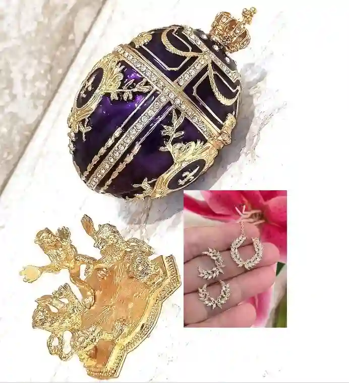 Purple Faberge Christmas New Years Wreath Jewelry + Faberge style egg Handmade Pure GOLD decor Swarovski Faberge Set LUCK Joy LOVE Happiness 