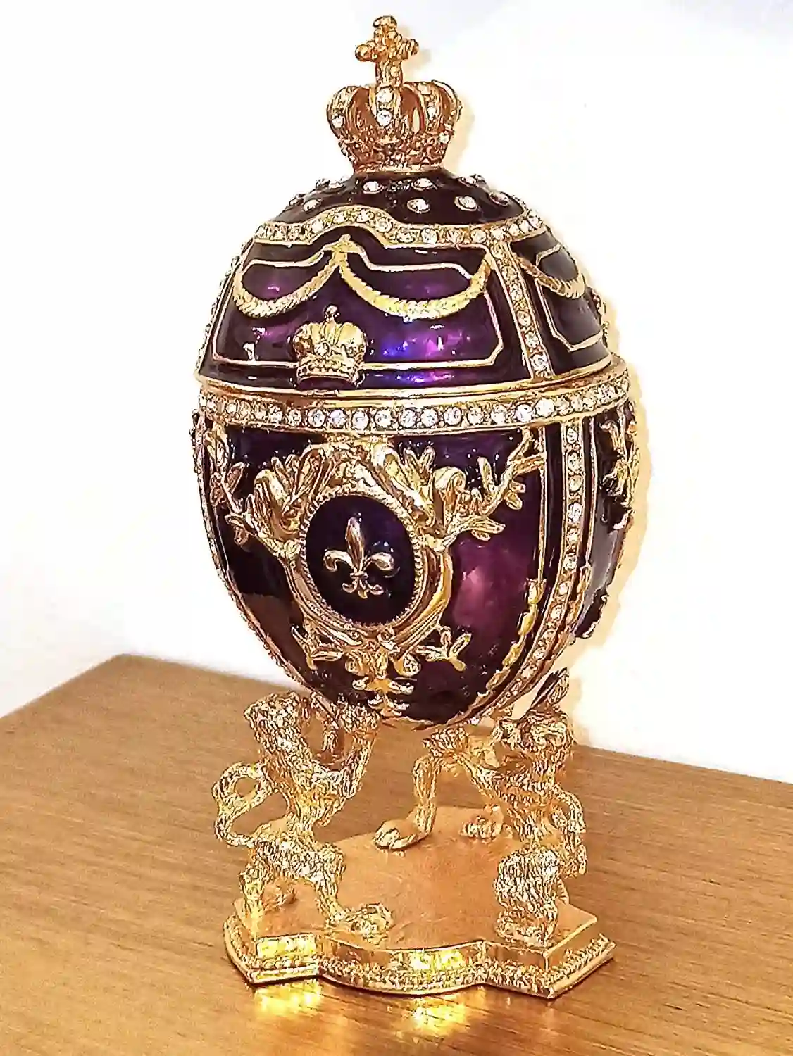 Purple Faberge Christmas New Years Wreath Jewelry + Faberge style egg Handmade Pure GOLD decor Swarovski Faberge Set LUCK Joy LOVE Happiness 