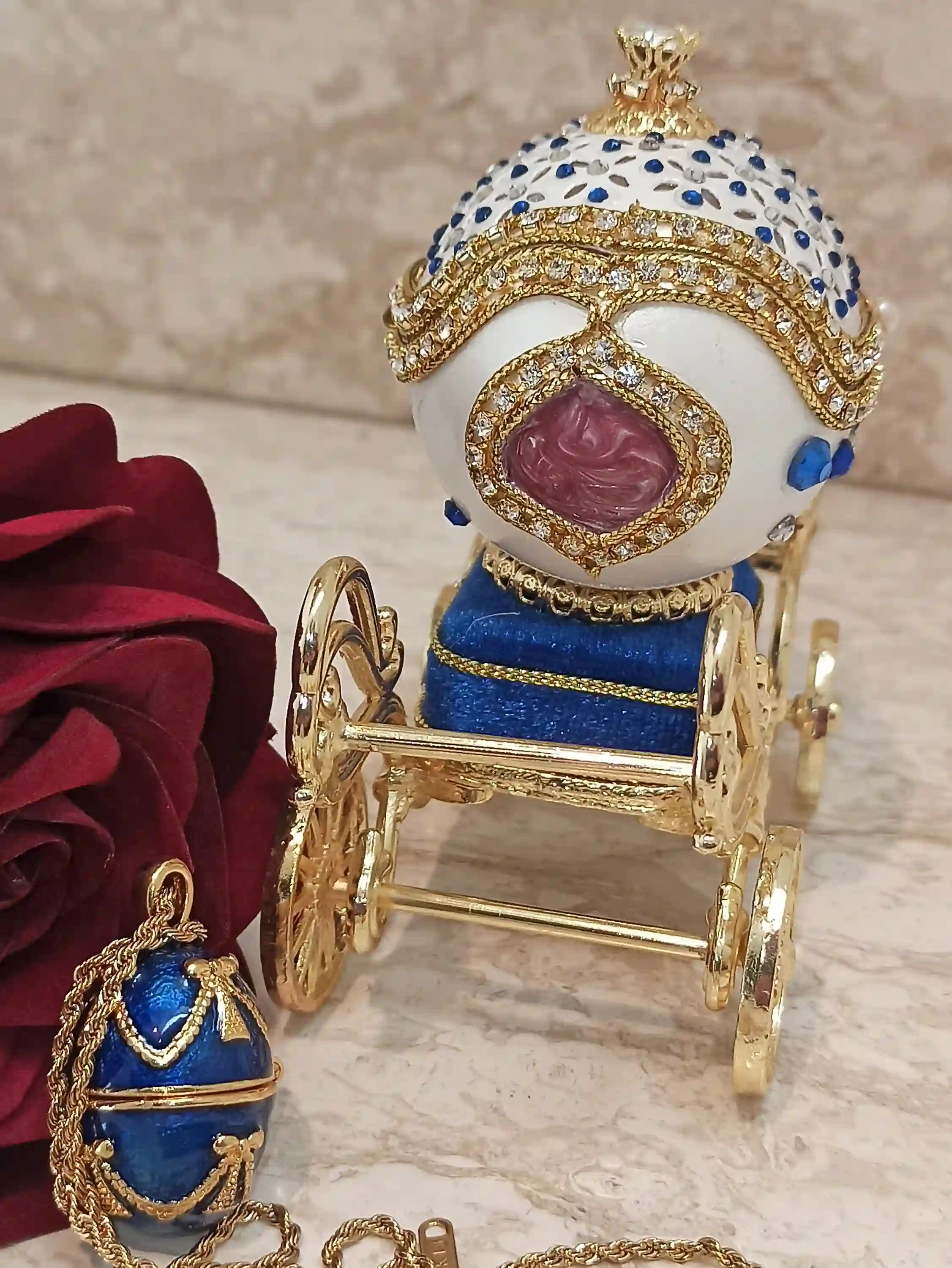 Faberge egg Carriage Sapphire Jewelry box gift for Mom Mother wife NATURAL Egg Swarovski Sapphire Diamonds 24k Gold Bracelet & Necklace 