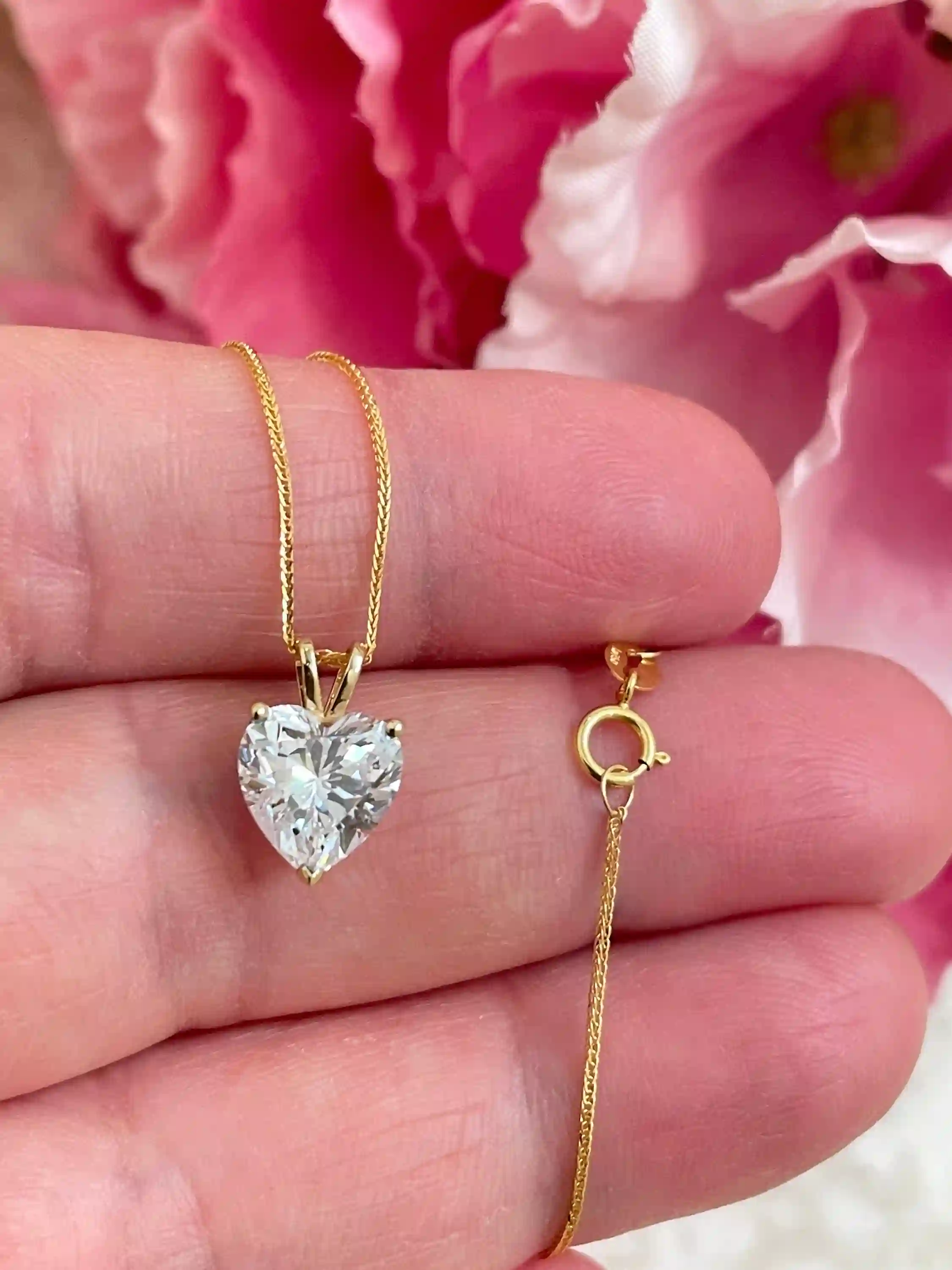 8mm Wedding Gift for her Heart Diamond Necklace Gold 18K Yellow Gold Diamond Heart shaped Solitaire Necklace Diamond Heart Pendant Necklace 