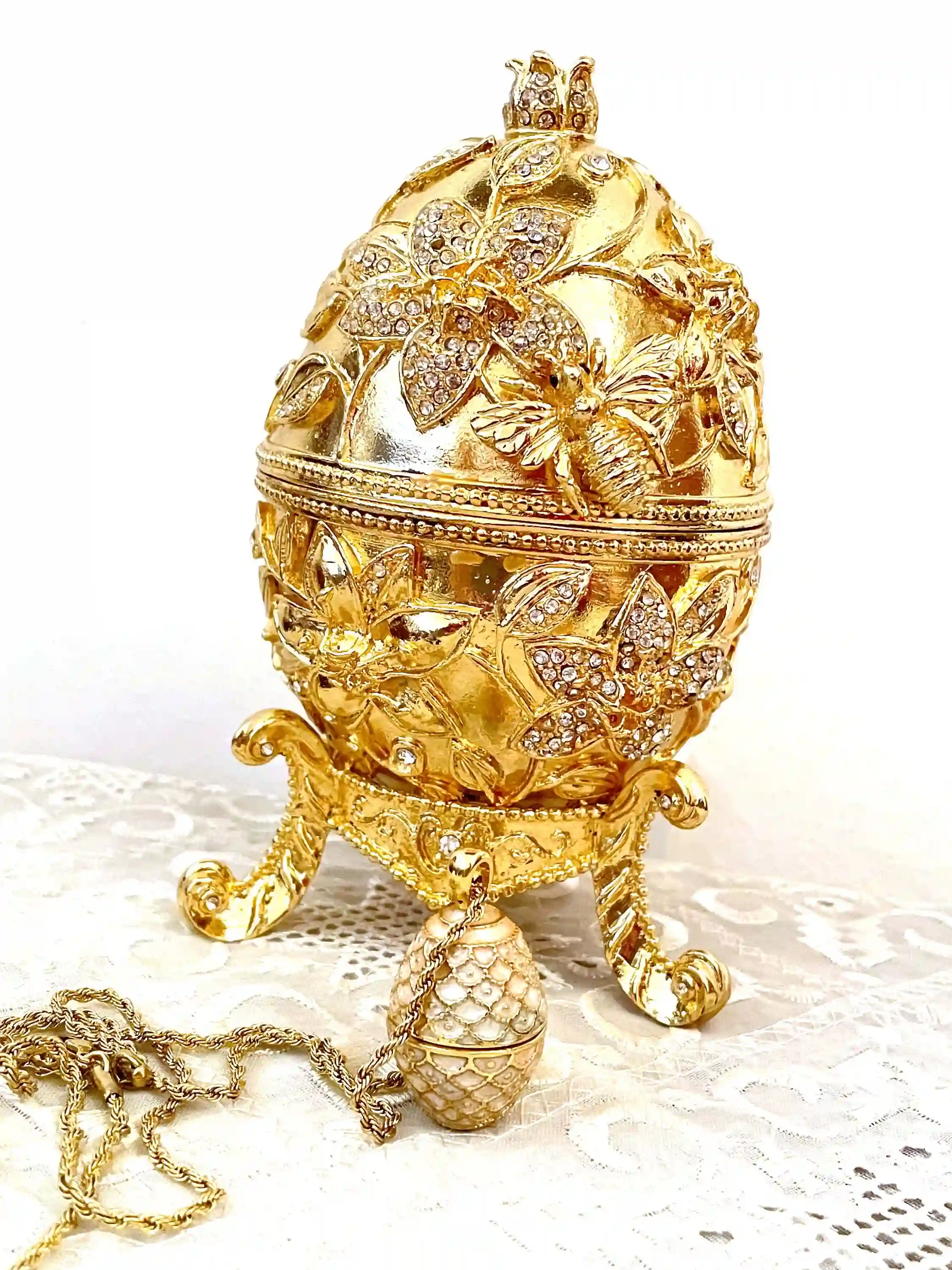Exquisite Fabrege Egg GOLD 24k Faberge egg Pendant + Faberge egg style POMEGRANATE + Good Luck Wedding RingBox 450 Crystal Diamonds HANDSET 