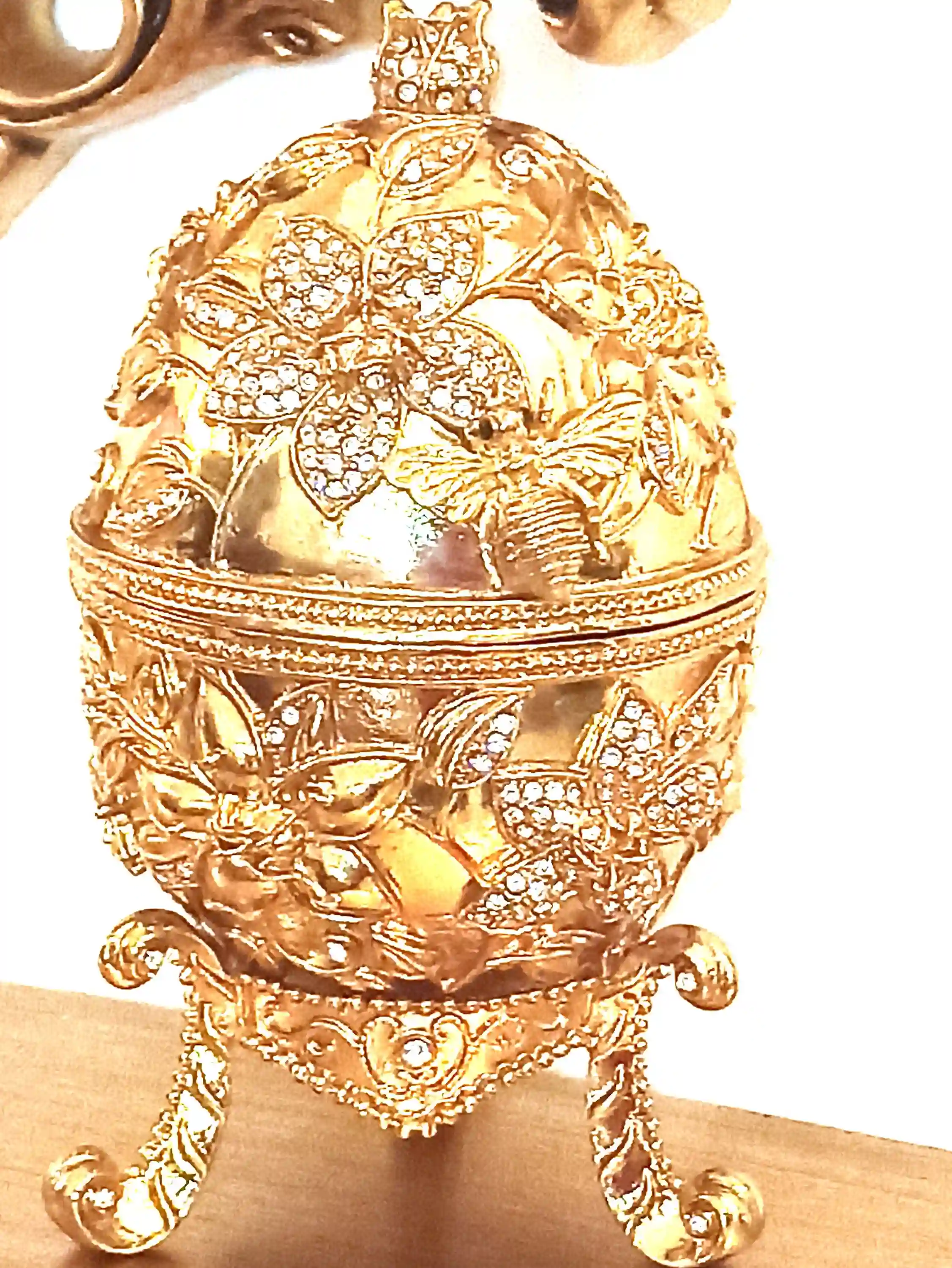 Exquisite Fabrege Egg GOLD 24k Faberge egg Pendant + Faberge egg style POMEGRANATE + Good Luck Wedding RingBox 450 Crystal Diamonds HANDSET 