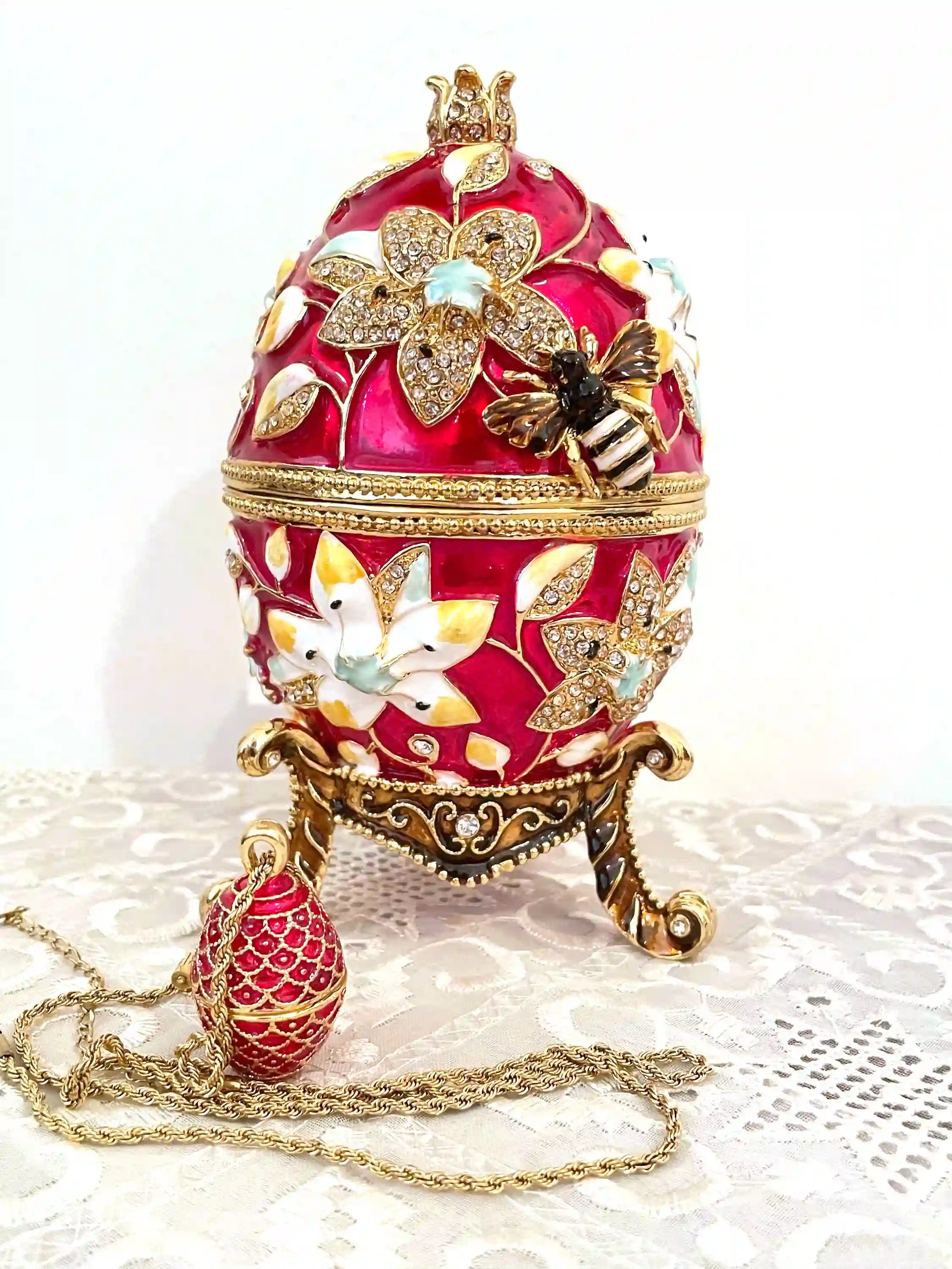 Red Faberge-Style Egg Jewelry box Pomegranate Gift + Fabrege egg Necklace 24K GOLD HANDMADE Mothers Day gift 450 Austrian Crystals HANDSET 10CT 