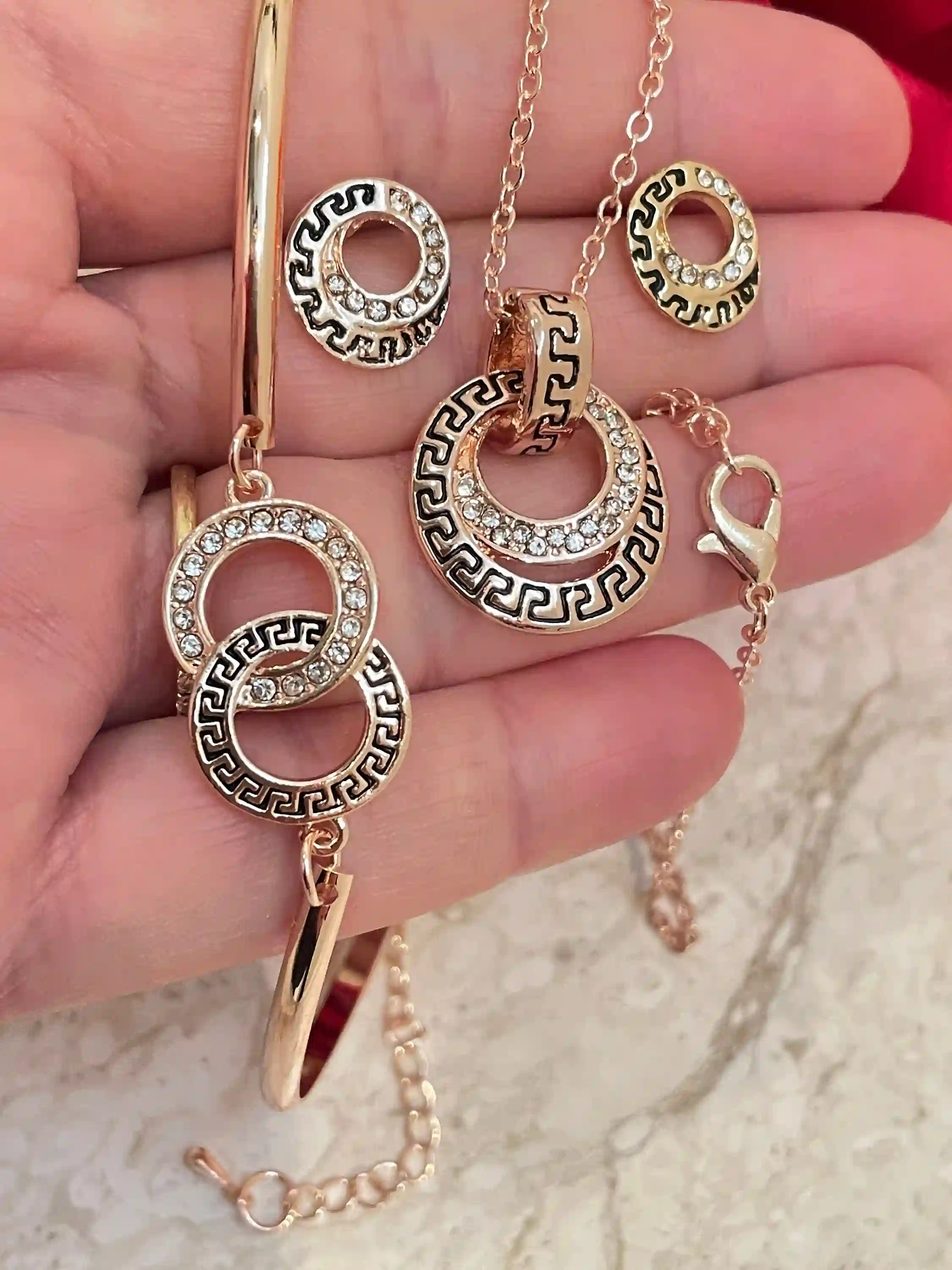 Exquisite Sterling Silver Ancient Greek Eternity Key Meander Gold Plated 24K Necklace SET , Collier Grecque,Griechische Silber Halskette SET 