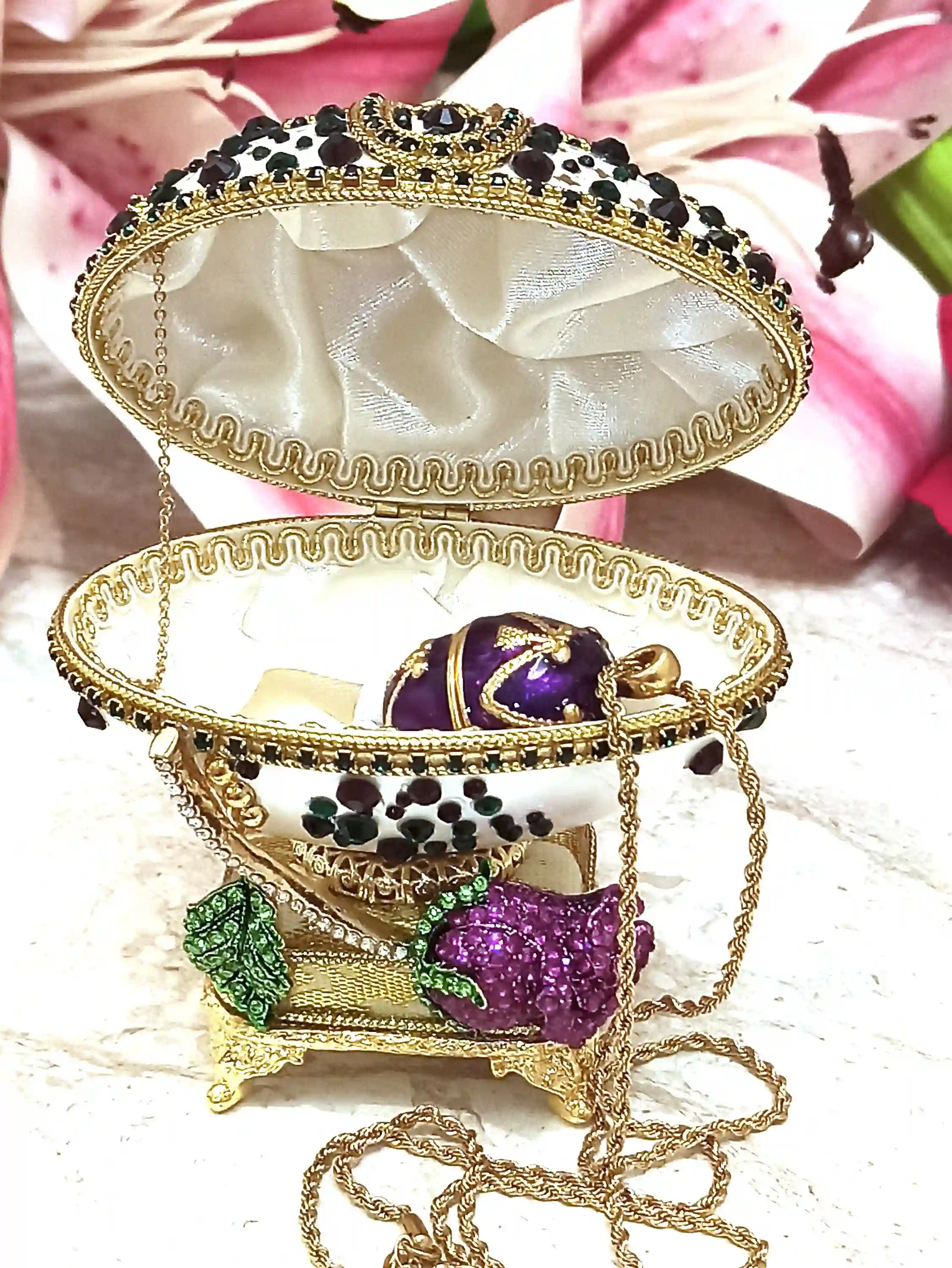 One Of a Kind, Faberge Egg style Jewelry Box SET, Amethyst, Fabrege Egg, Musical, Faberge Egg Box & Handmade Bracelet ,24k GOLD, HANDCARVED 