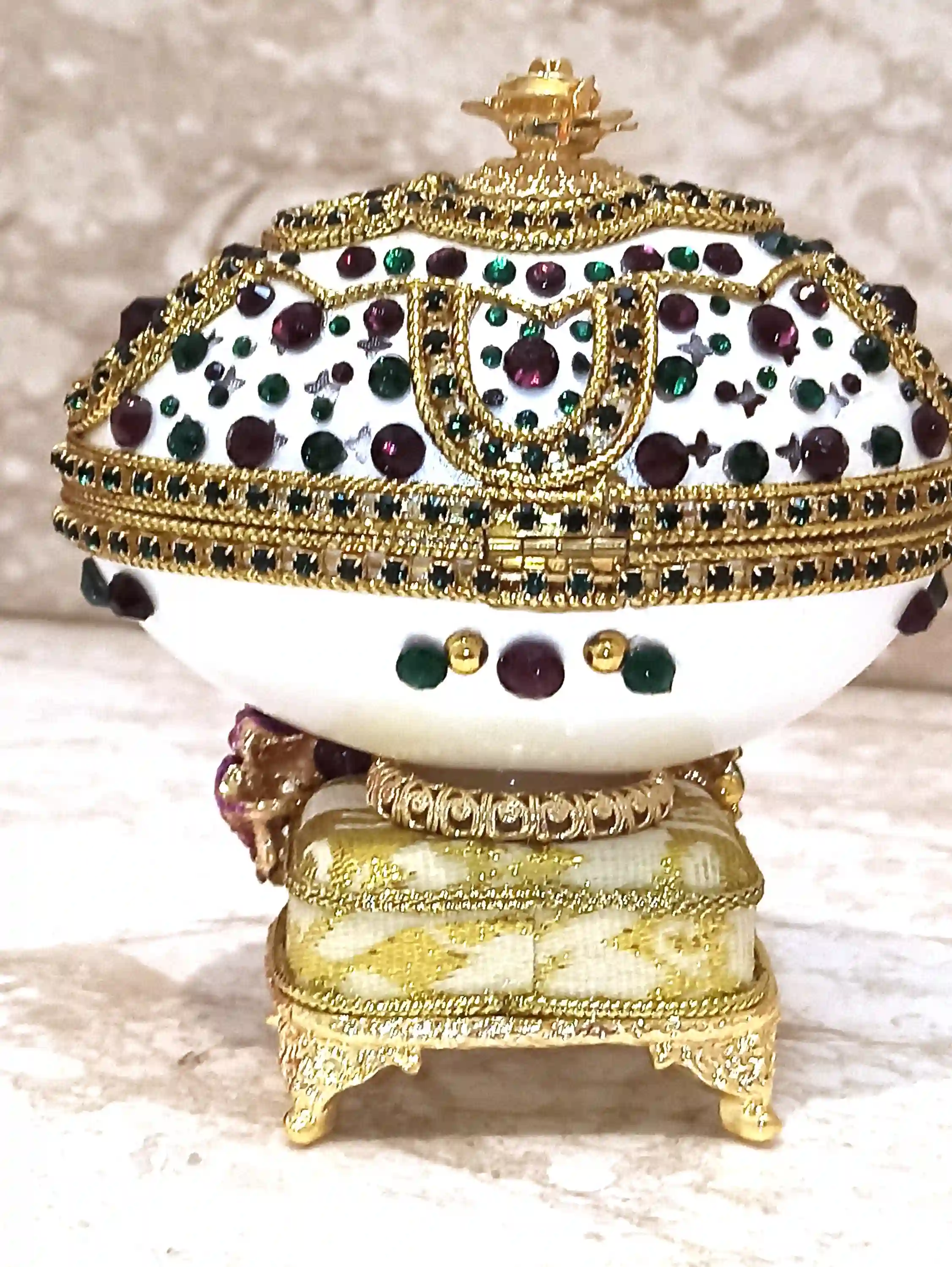 One Of a Kind, Faberge Egg style Jewelry Box SET, Amethyst, Fabrege Egg, Musical, Faberge Egg Box & Handmade Bracelet ,24k GOLD, HANDCARVED 