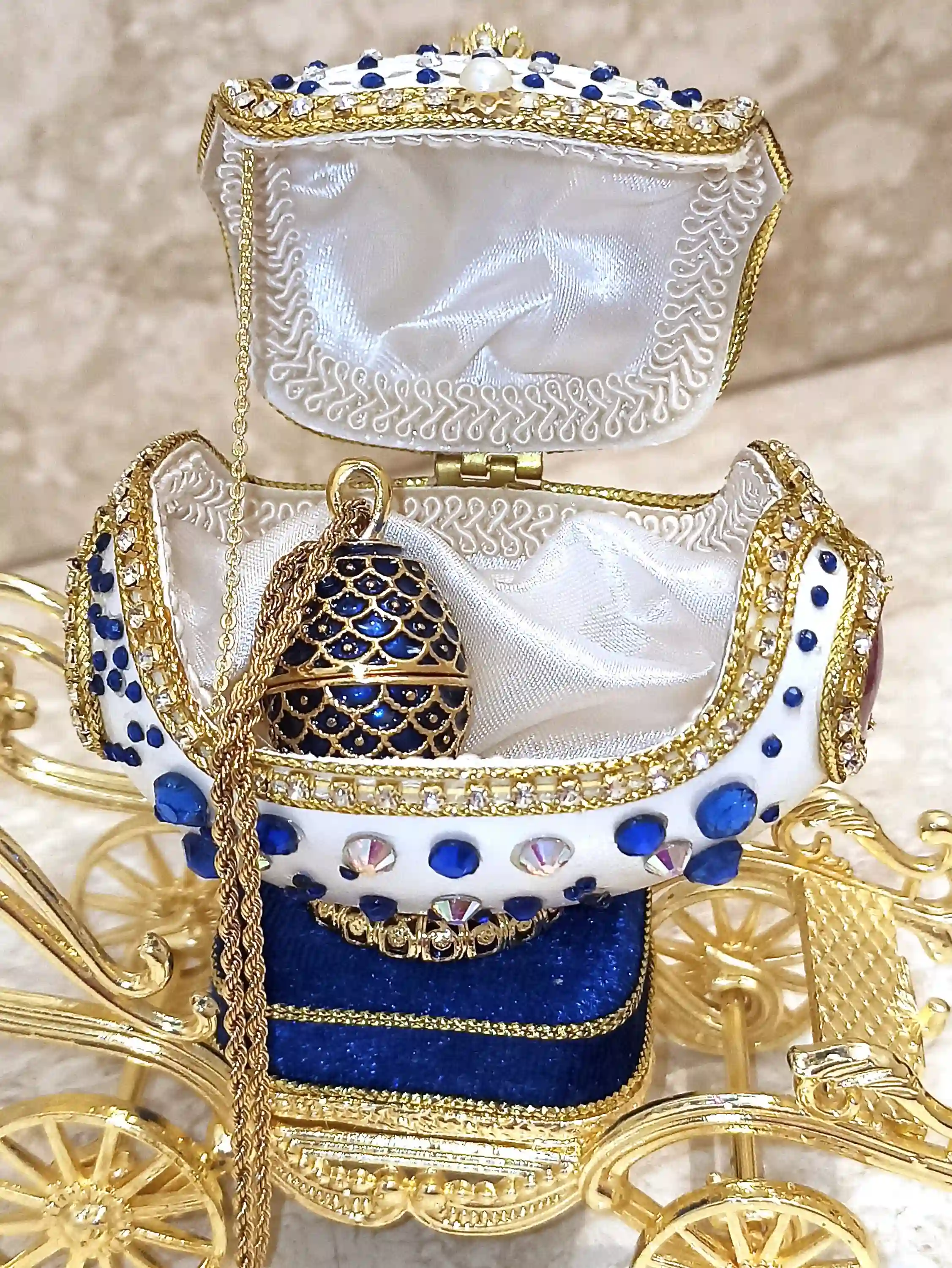Faberge-Style Egg Jewelry box, Plus Faberge NECKLACE, Austrian Crystal Sapphire BRACELET, 24k GOLD, Musical, Graduate, Birthday Gift Wife New Mom 
