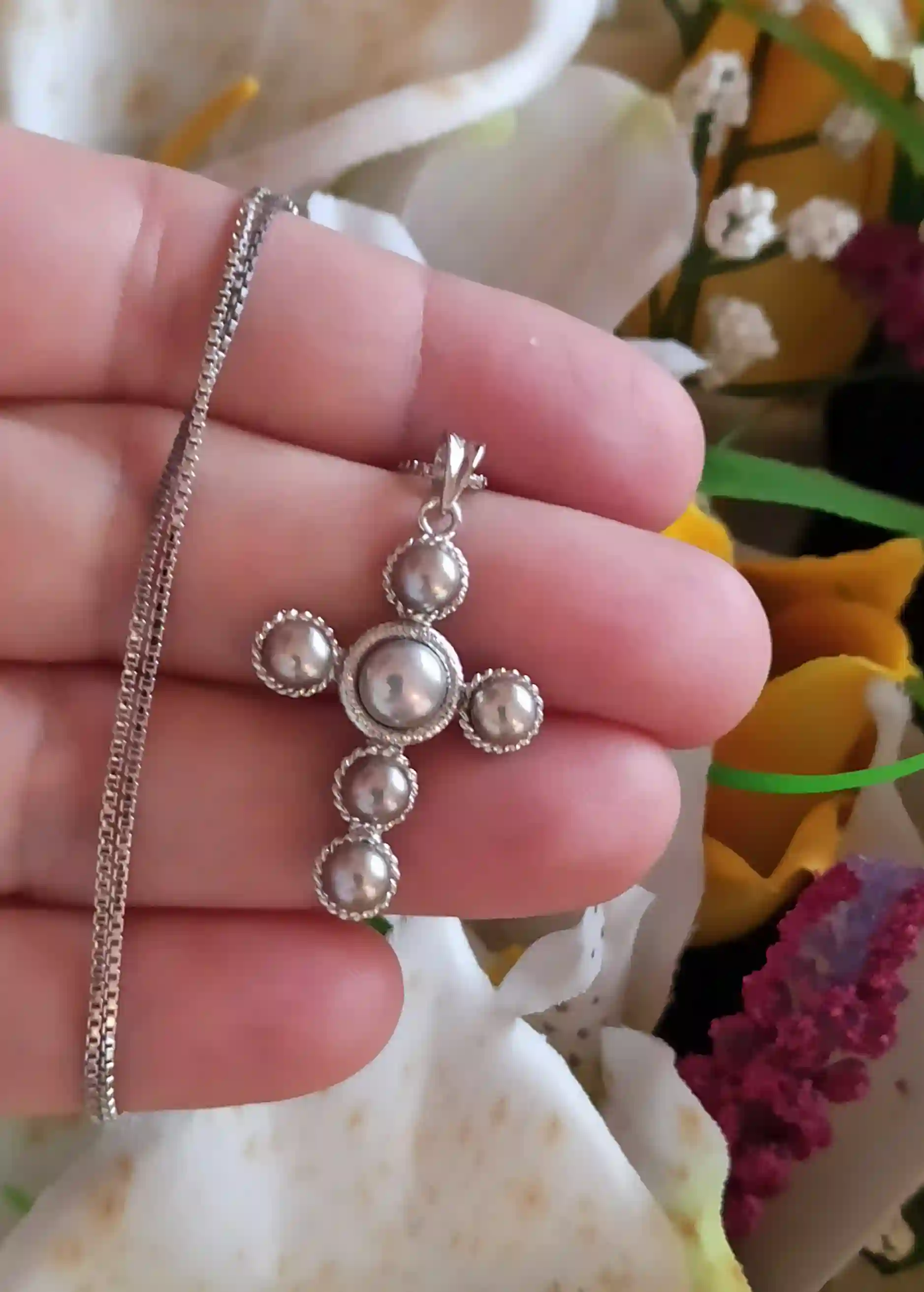 SILVER PEARL Pendant Cross for Women/Grey Pearl Jewelry Christian Gift for her/Real Pearl Necklace Cross on Chain Solid Sterling Silver HMDE 