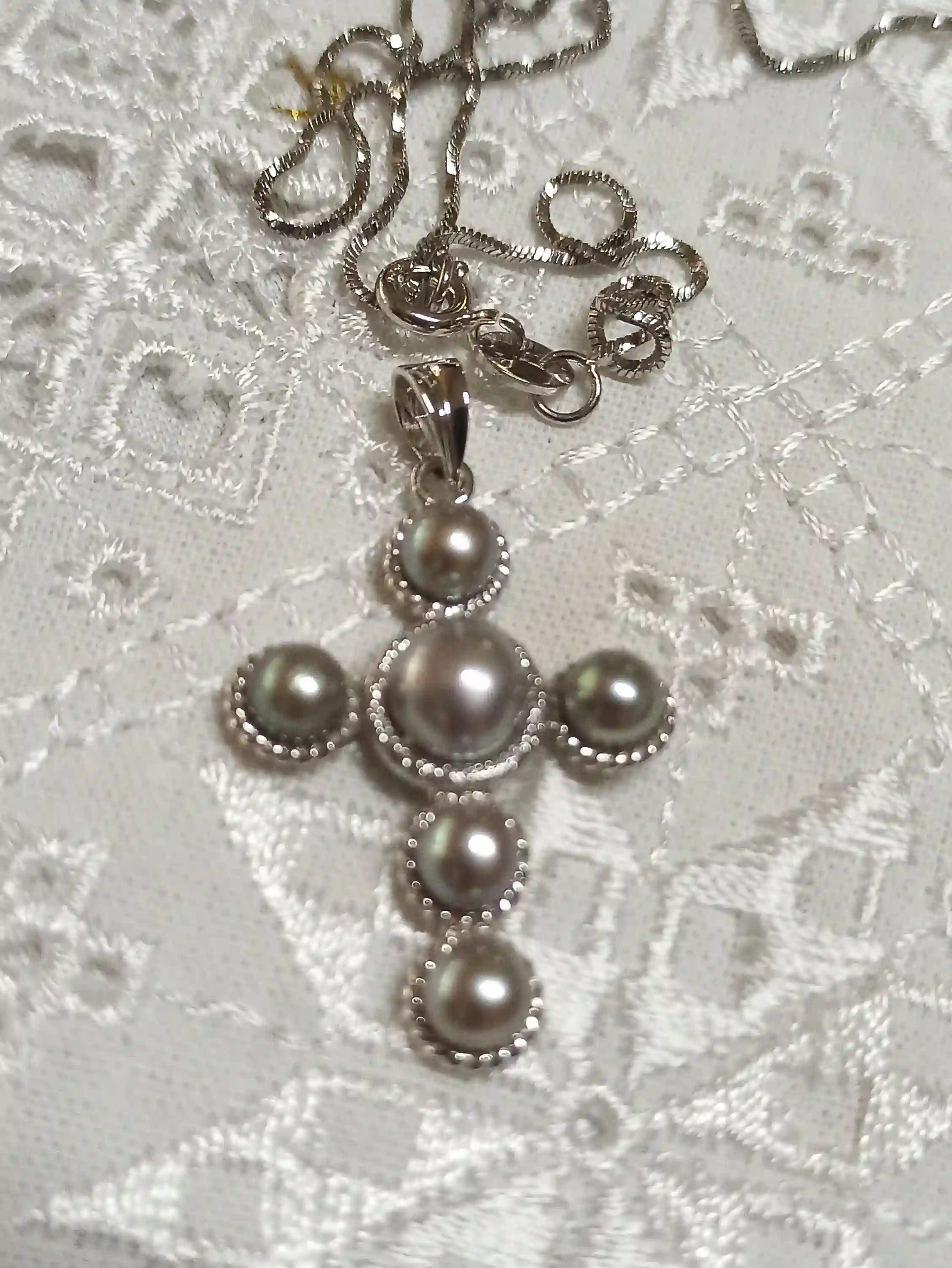 SILVER PEARL Pendant Cross for Women/Grey Pearl Jewelry Christian Gift for her/Real Pearl Necklace Cross on Chain Solid Sterling Silver HMDE 