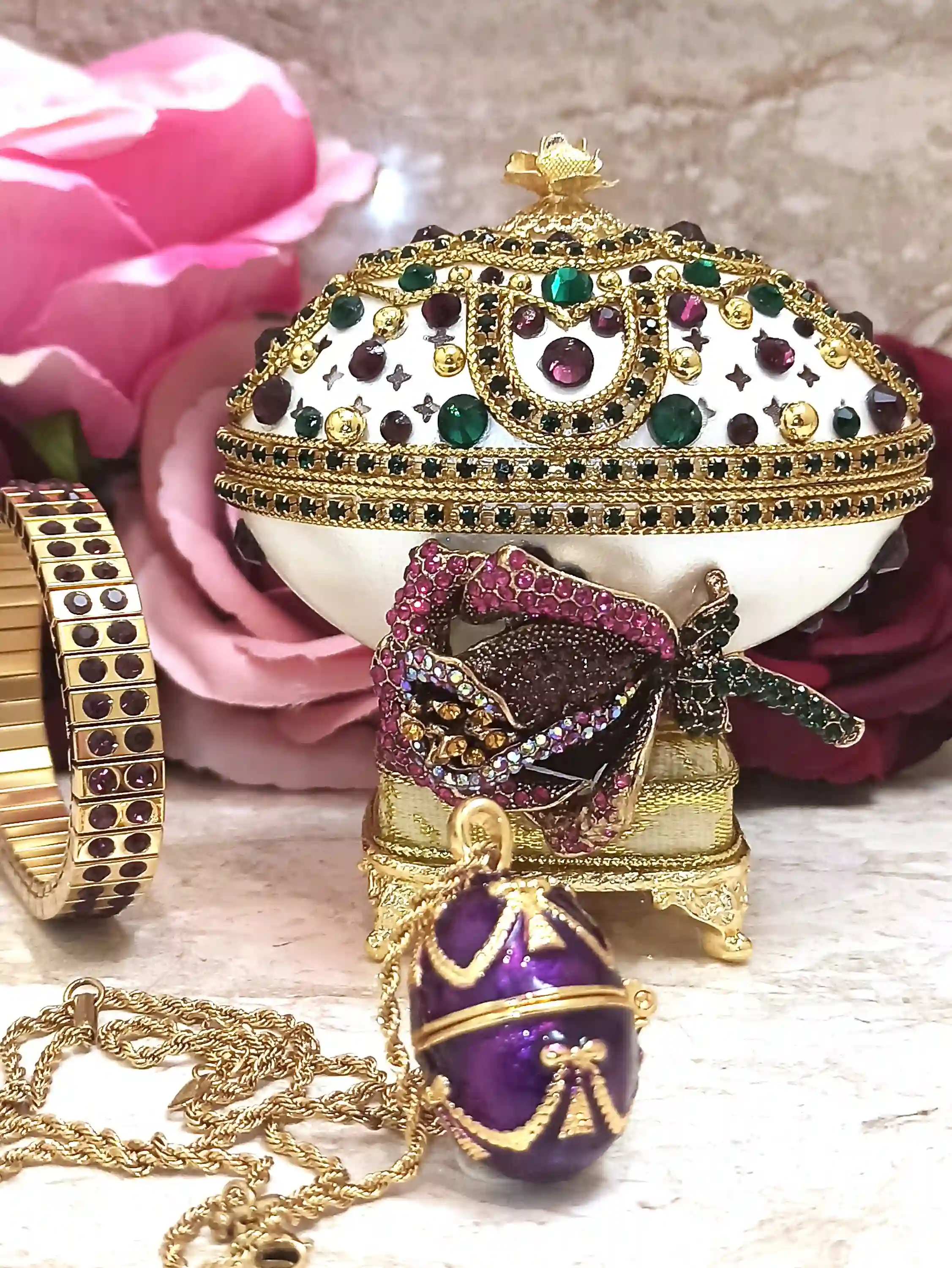 One Of A KIND Luxury Christmas Gift Faberge-Style Egg Music Box ANTIQUE Jewelry Box Faberge egg style PENDANT Locket Amethyst Bracelet 24k Gold 
