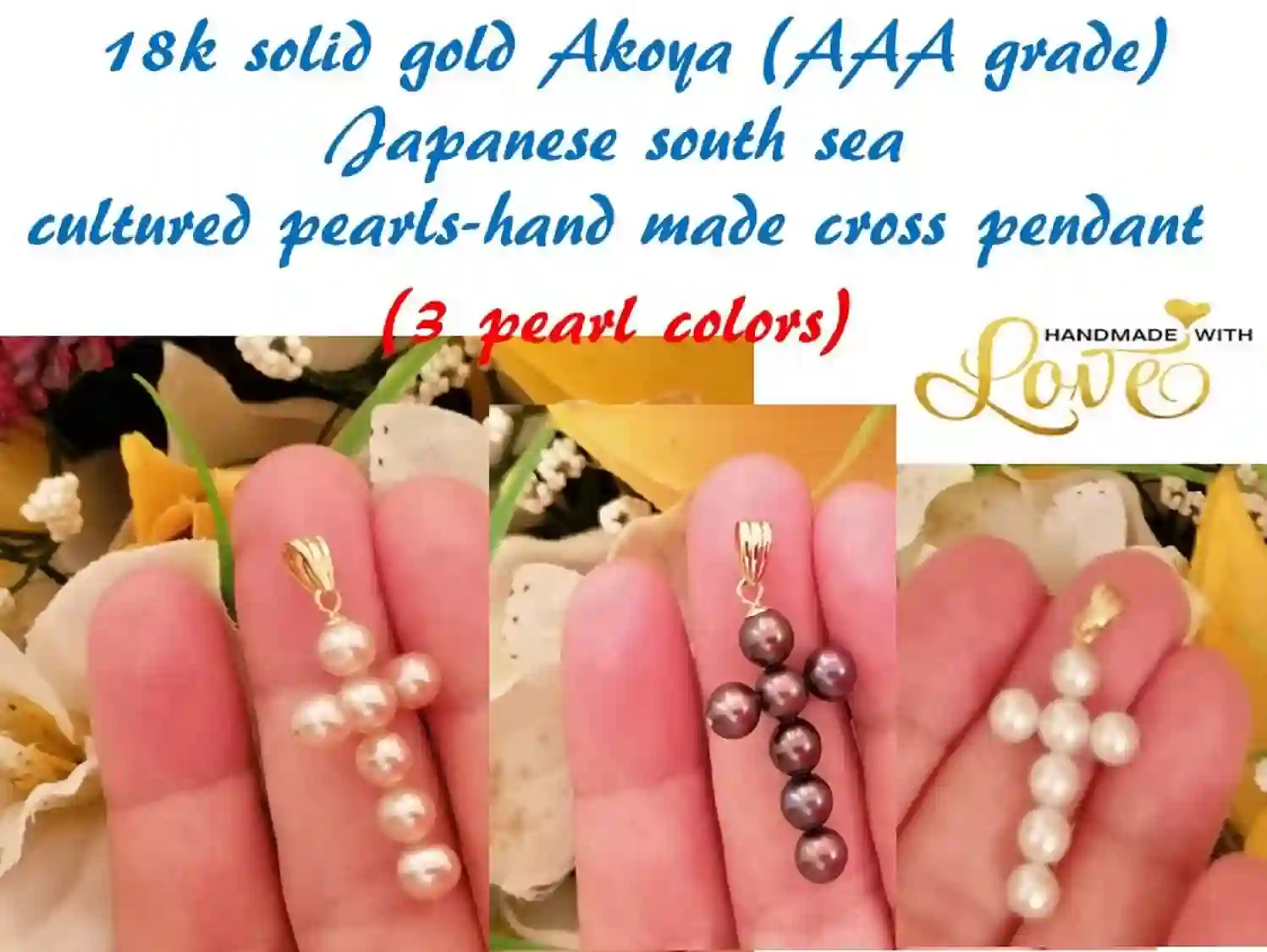 Solid 18Kt Yellow Gold Akoya Pearl Cross Pendant Necklace Religious Charm REAL CULTURED Pearl Christian Pendant AUTHENTIC Akoya Pearl Cross 