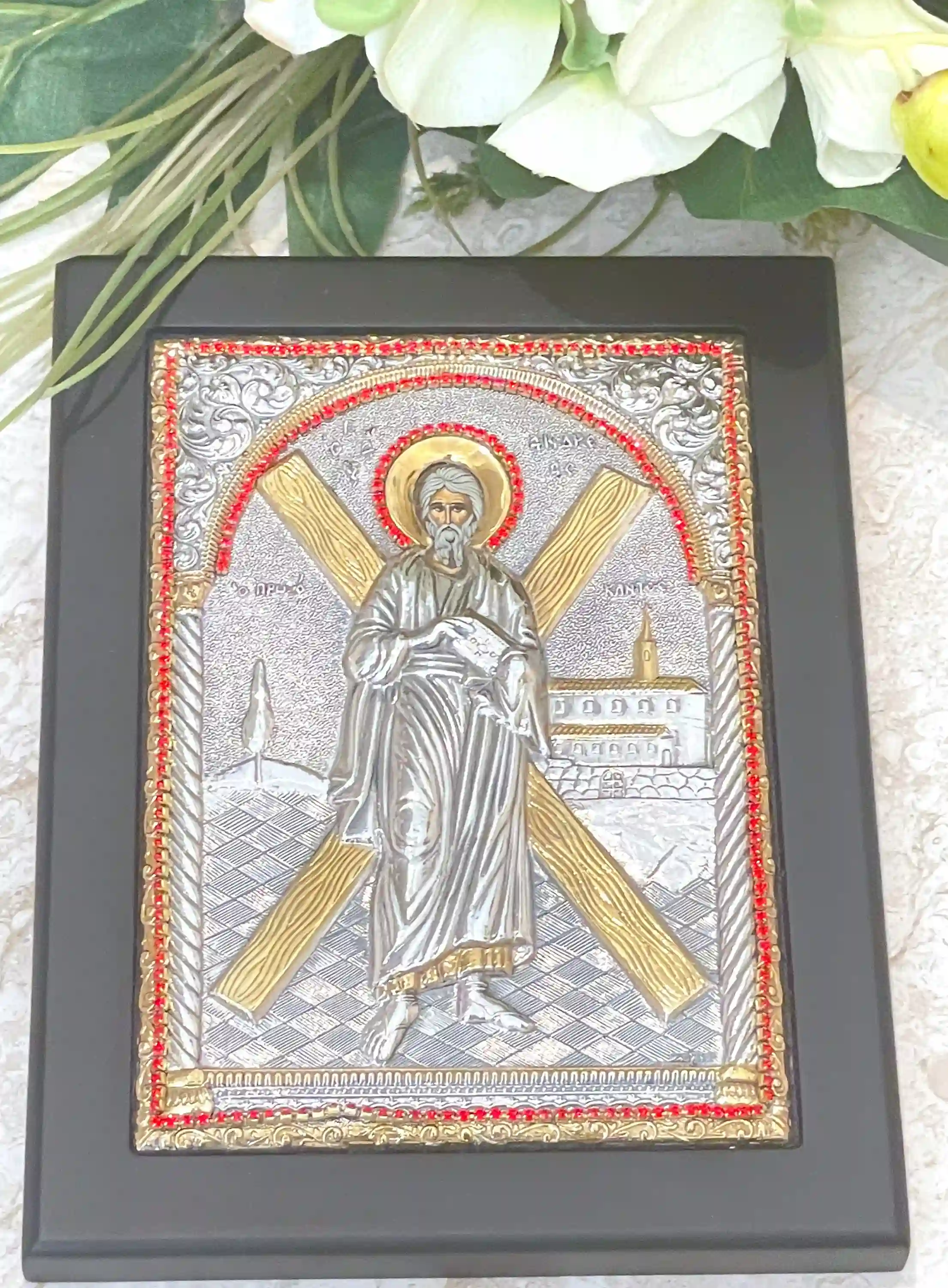 Solid SILVER Icon of Saint Andrew the Apostle Orthodox Icon St Andrew Apostle Vintage Godparent gift Orthodox Icon Christian Religious gift 