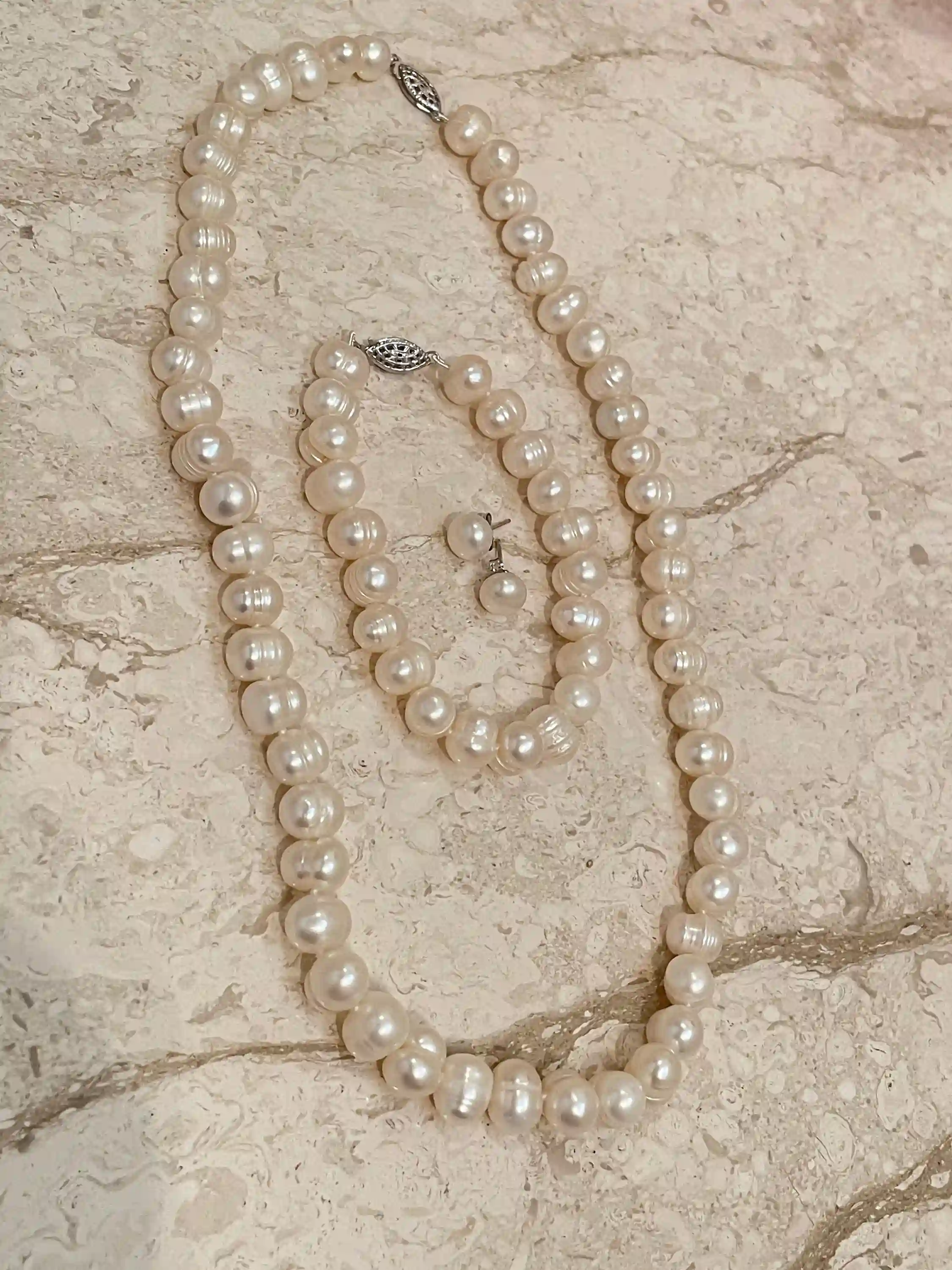 Freshwater Cultured Necklace SET, Pearl Necklace Earrings Bracelet, Pearl Bridal Jewelry Set, Silk Knotted, Bridal Jewellery,Sterling Silver 