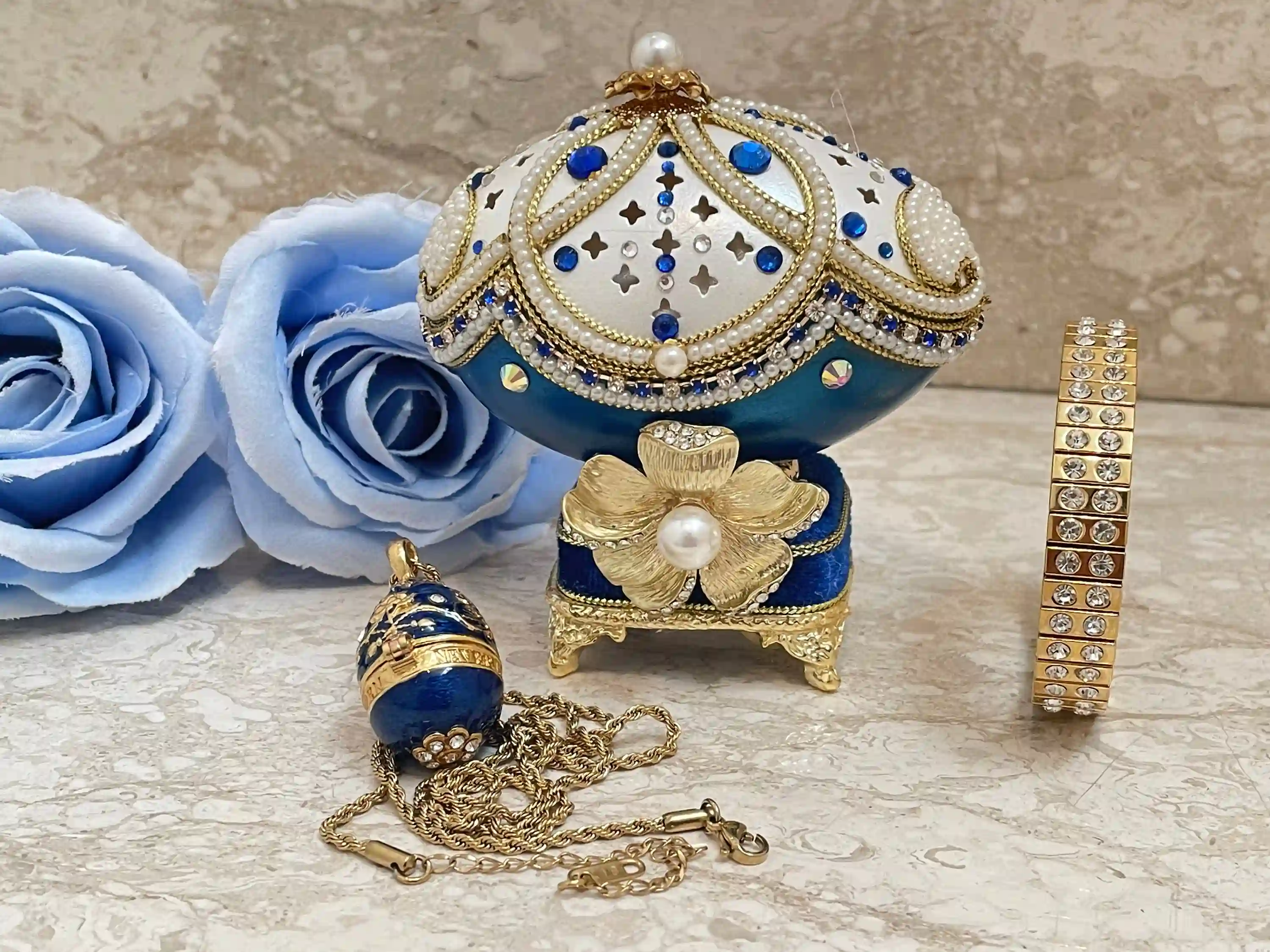 1993 Luxury Jewelry Box Faberge Egg Jewelry SET- Faberge Egg Something Blue Something New HandCarved Natural Egg 24k Gold Austrian Crystal 