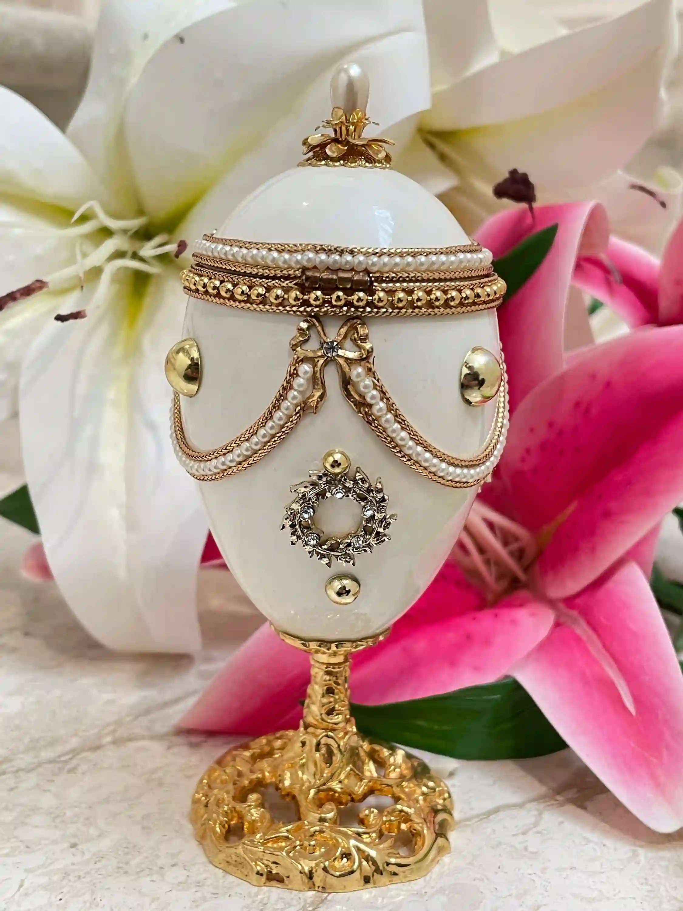 1983 OneOfAKind Faberge Egg Style Wedding Ring Faberge Music Box & Bride Bridal Shower Jewelry gift HANDCARVE Real Egg 24kGOLD Austrian Crys 