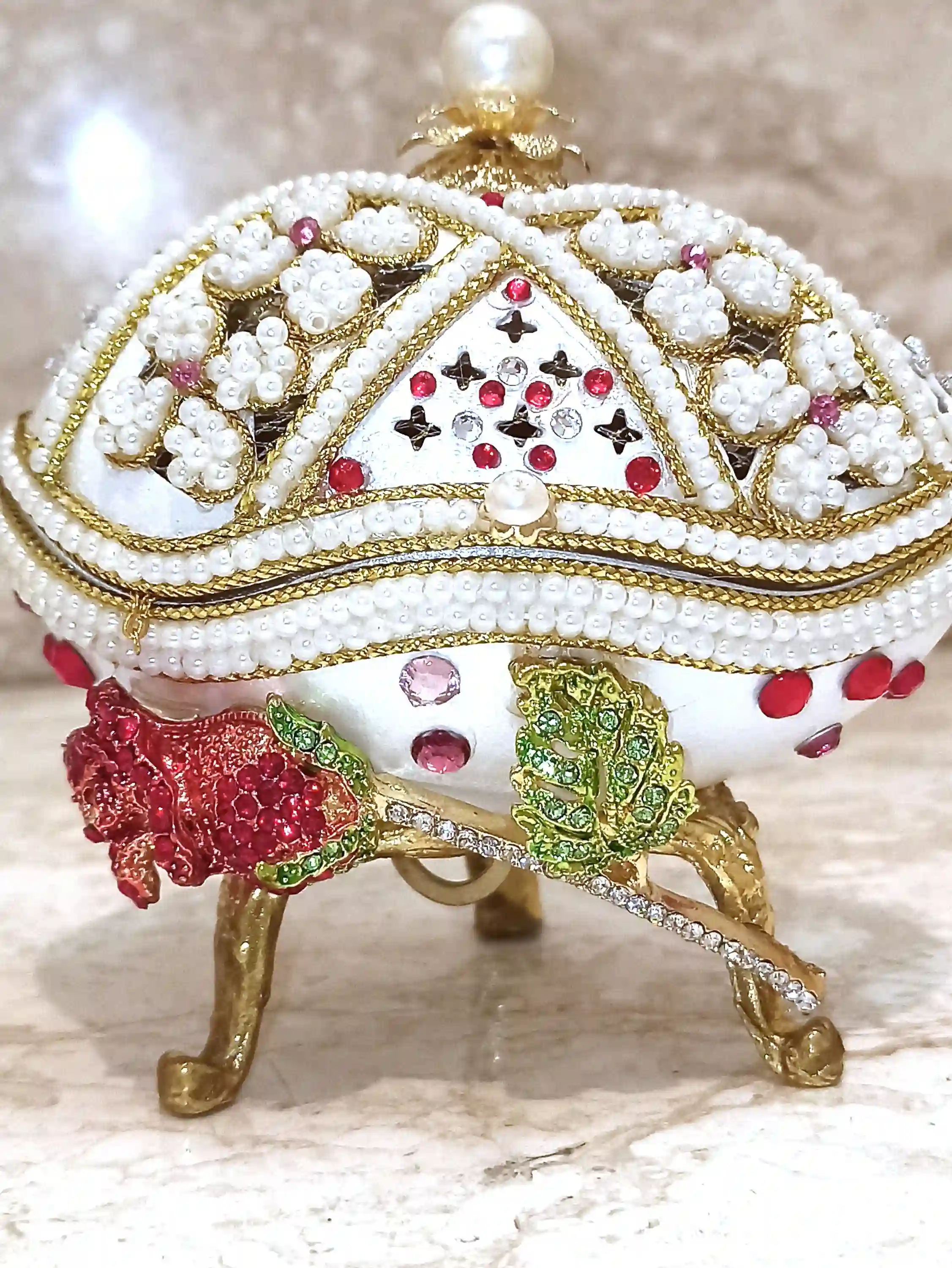ONE of a Kind Faberge-Style egg 24k GOLD Musical Jewelry Box + Sterling Silver Ruby Heart + Bracelet HANDCARVED Faberge Egg style Christmas gift 