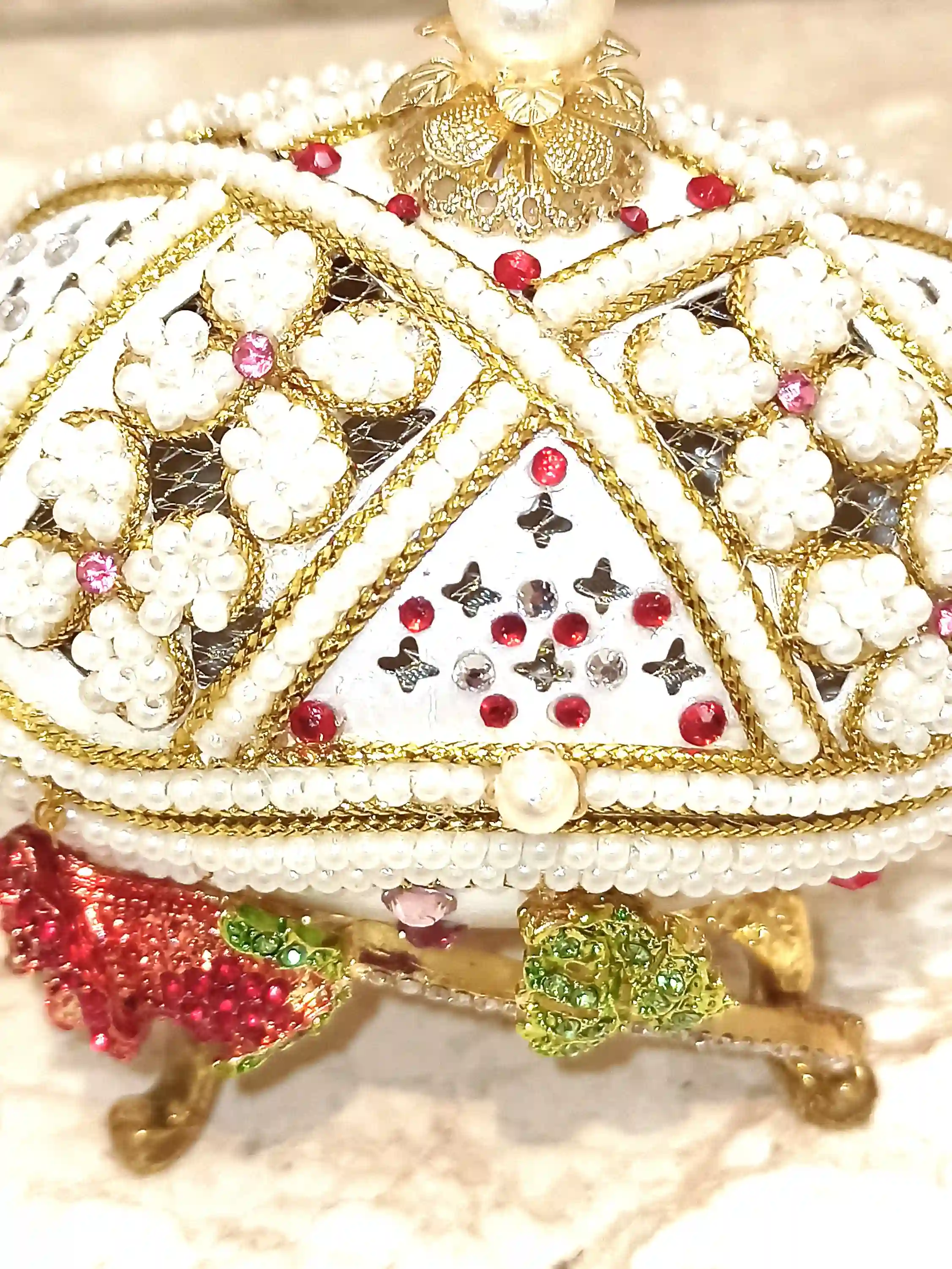 ONE of a Kind Faberge-Style egg 24k GOLD Musical Jewelry Box + Sterling Silver Ruby Heart + Bracelet HANDCARVED Faberge Egg style Christmas gift 