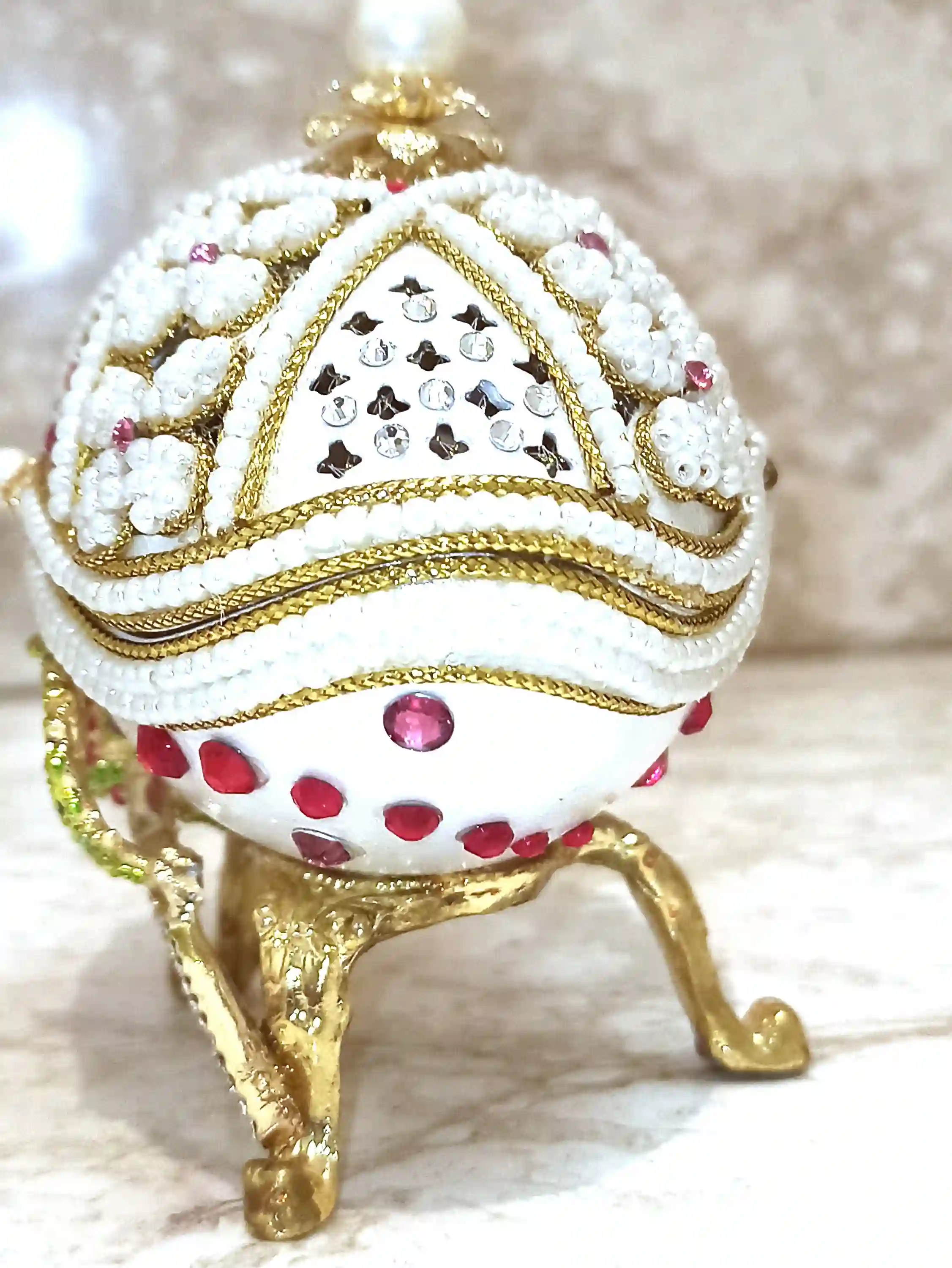 ONE of a Kind Faberge-Style egg 24k GOLD Musical Jewelry Box + Sterling Silver Ruby Heart + Bracelet HANDCARVED Faberge Egg style Christmas gift 