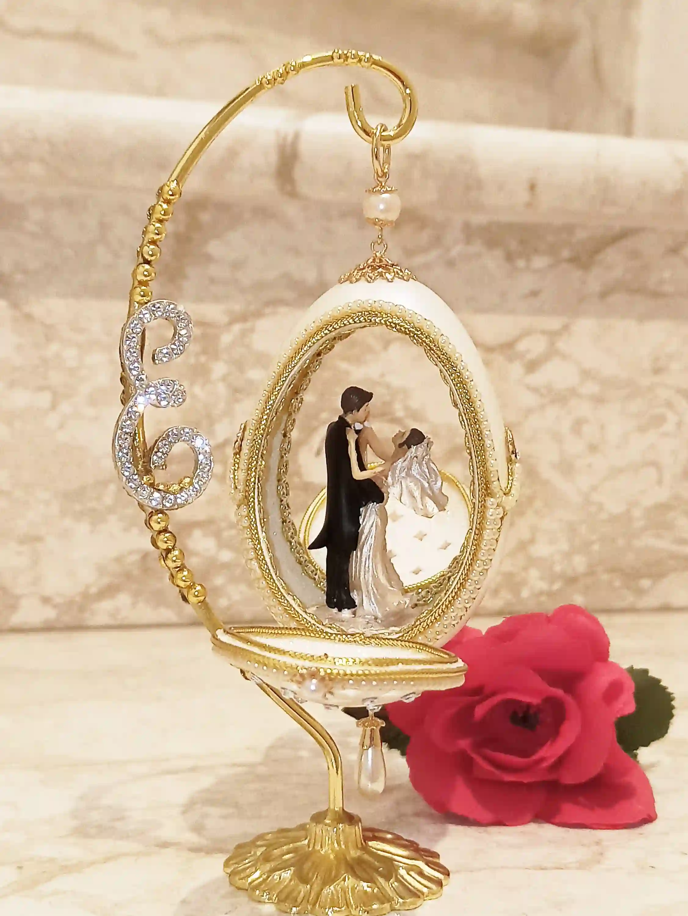 Faberge-Style egg Personalised Initial Artisan Wedding Anniversary Gift for couple 24k GOLD HANDCARVED Natural egg Newlywed gift for Bridal Shower 