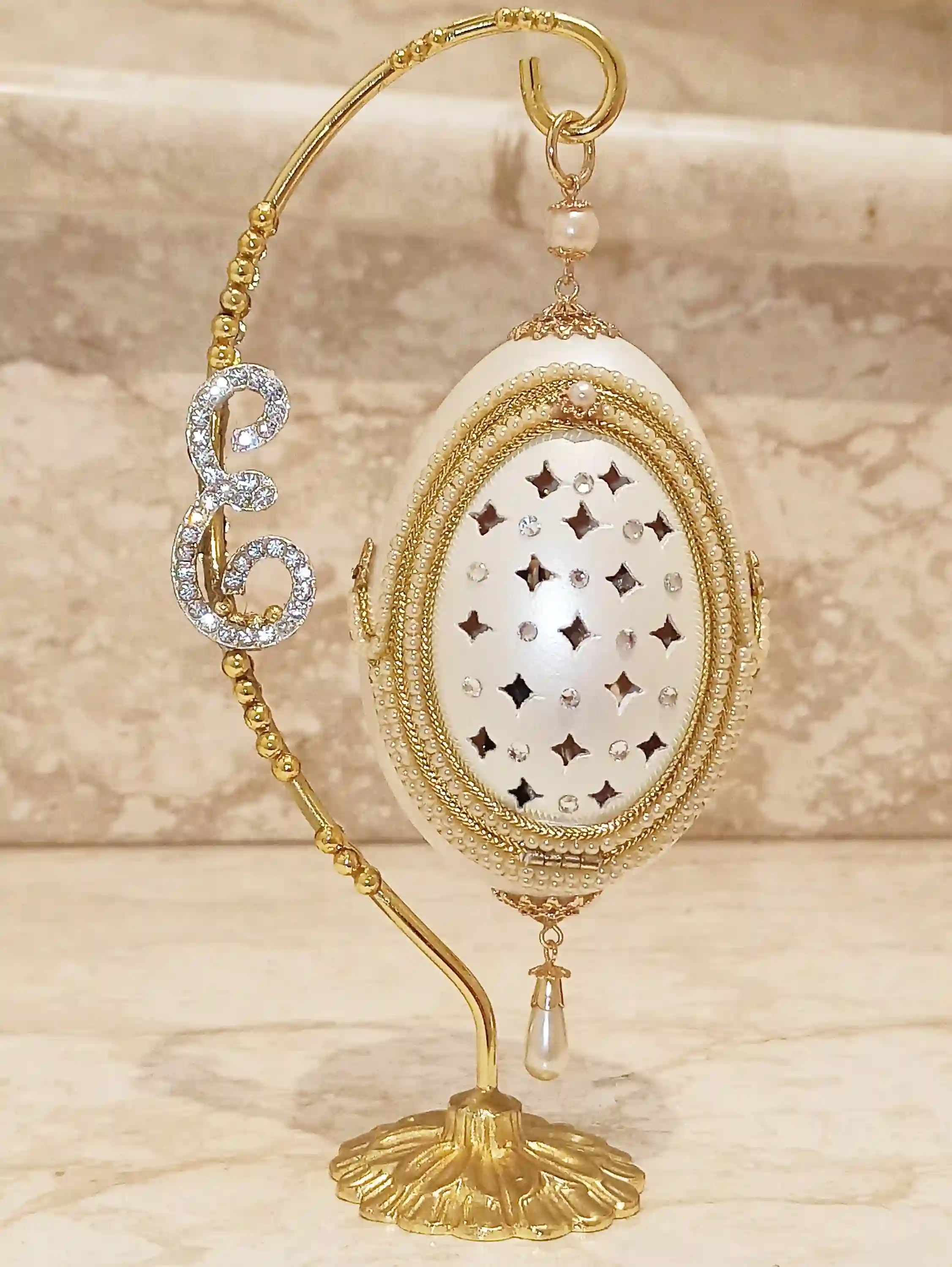 Faberge-Style egg Personalised Initial Artisan Wedding Anniversary Gift for couple 24k GOLD HANDCARVED Natural egg Newlywed gift for Bridal Shower 
