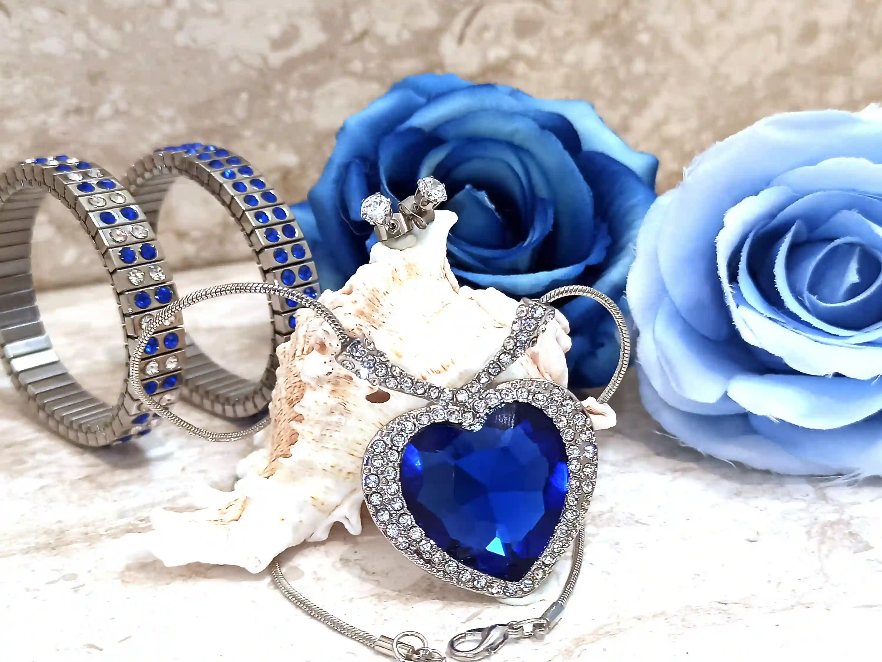 4pc SET, Heart, Silver, Blue, SAPPHIRE Pendant, Statement Necklace, Gift for her, Heart Necklace, Birthday Gift, Gift for women, Jewelry SET 
