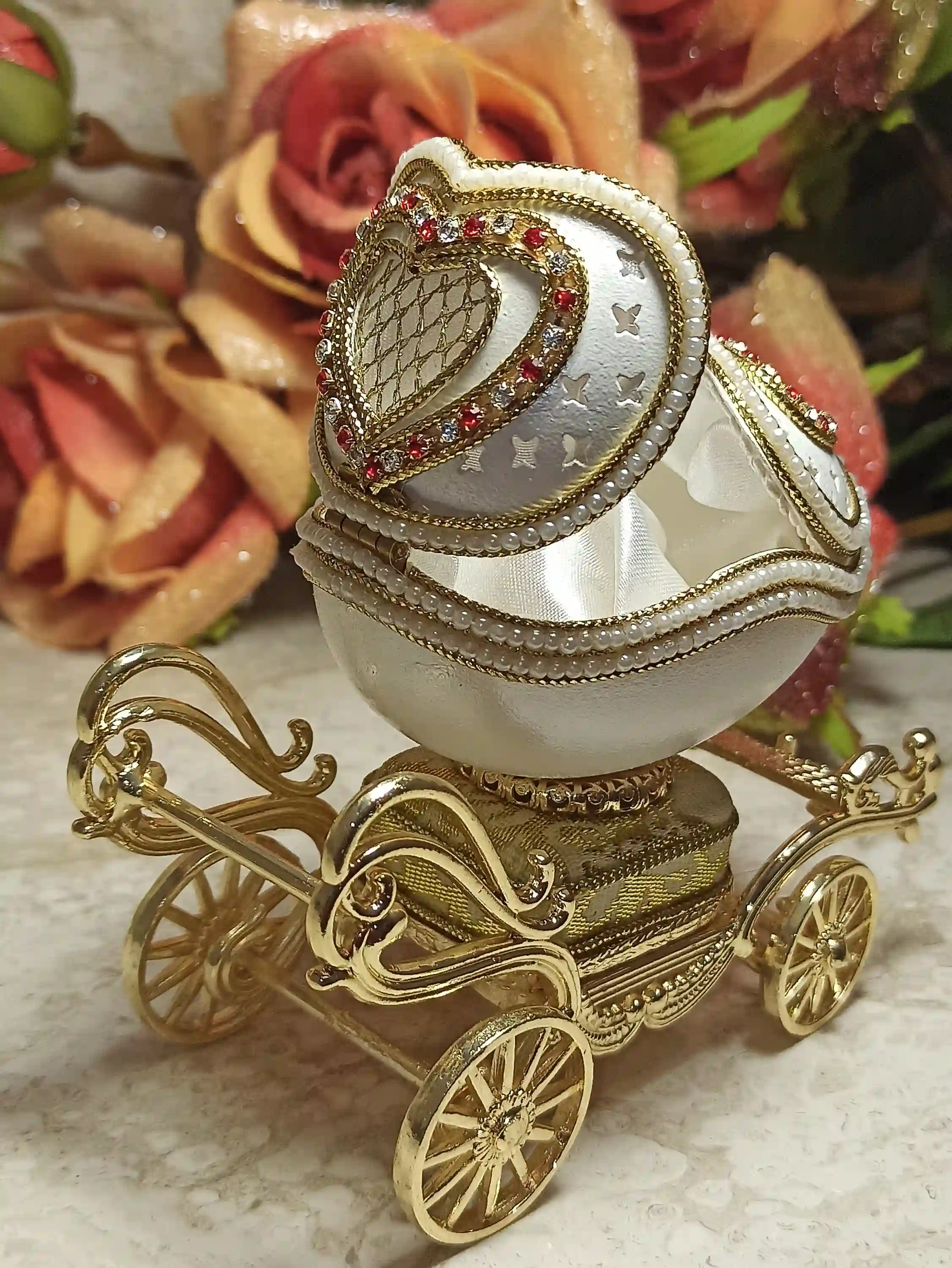 Faberge egg Musical Jewelry Box 24k GOLD REAL Egg HANDCARVED Faberge Egg Gift for mum Unique wedding gift Wife Anniversary Best mom gift 