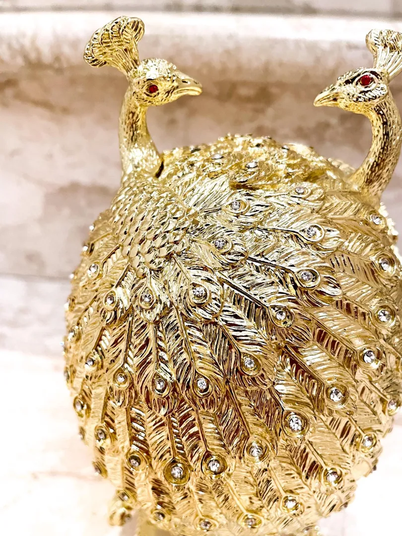 Pierre Lorren Gold Peacock Jewelry Box Faberge Egg Pure Gold Swarovski HANDMADE Faberge Trinket Box & Bracelet Peacock Gifts for Her 7.9