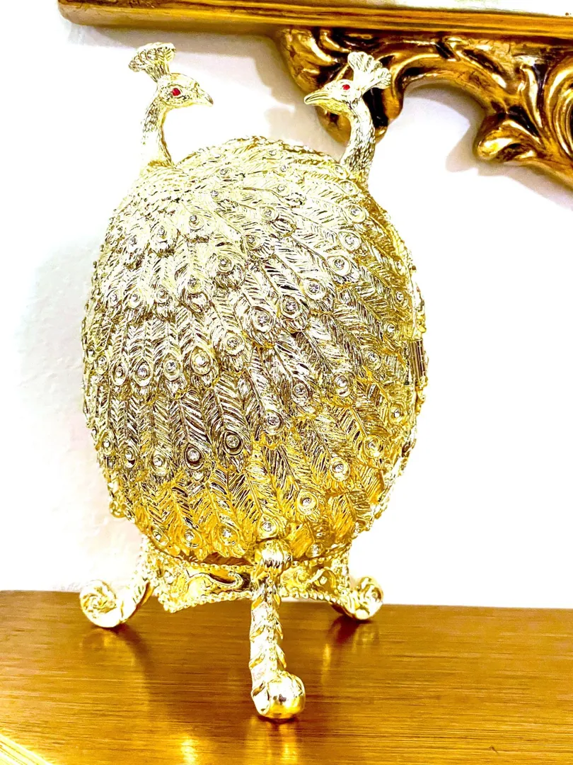 Pierre Lorren Gold Peacock Jewelry Box Faberge Egg Pure Gold Swarovski HANDMADE Faberge Trinket Box & Bracelet Peacock Gifts for Her 7.9