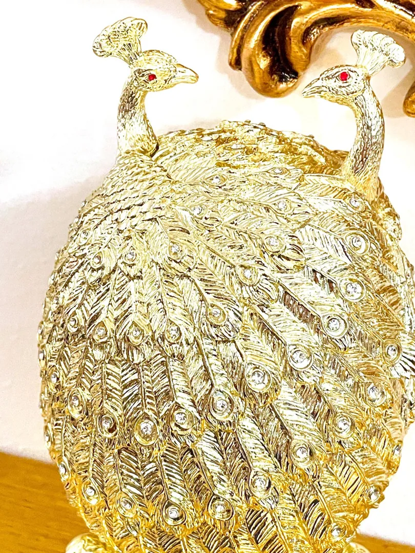 Pierre Lorren Gold Peacock Jewelry Box Faberge Egg Pure Gold Swarovski HANDMADE Faberge Trinket Box & Bracelet Peacock Gifts for Her 7.9