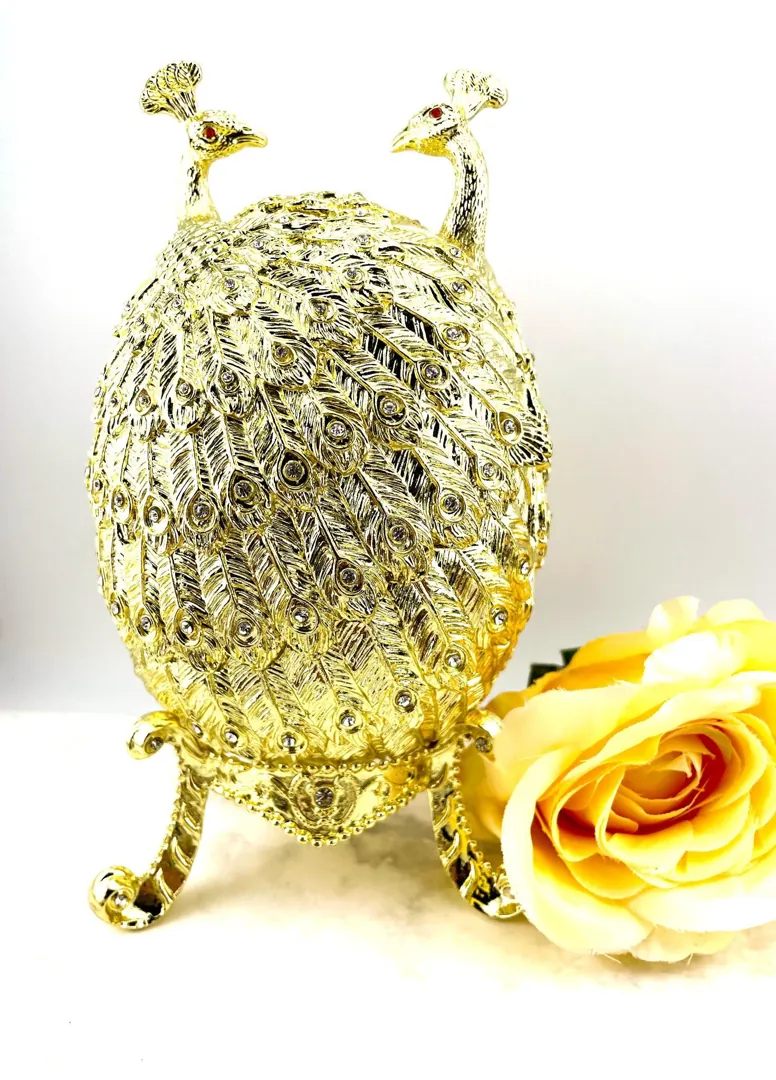 Pierre Lorren Gold Peacock Jewelry Box Faberge Egg Pure Gold Swarovski HANDMADE Faberge Trinket Box & Bracelet Peacock Gifts for Her 7.9