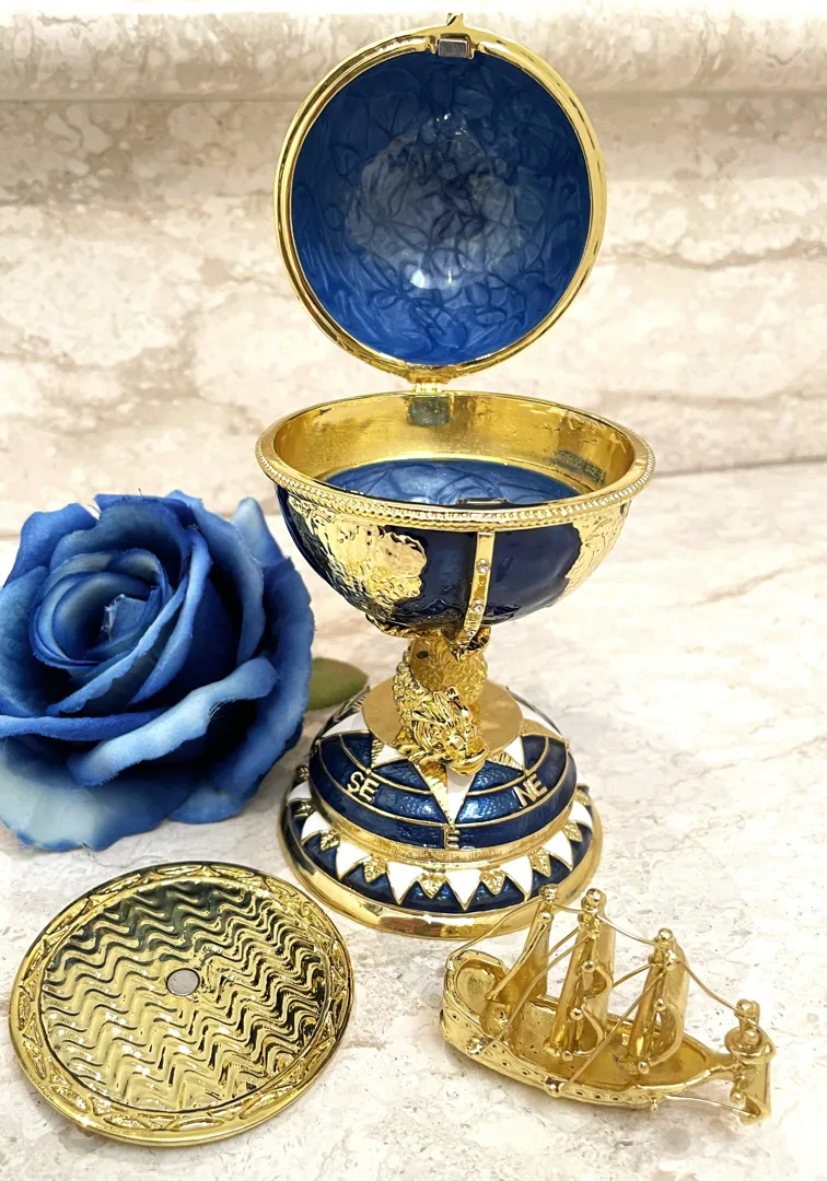 Pierre Lorren Faberge Style Egg 24k Gold Handmade Faberge Christmas Egg Swarovski Twin Fish for Luck Sailboat Symbolism Wisdom & Prosperity