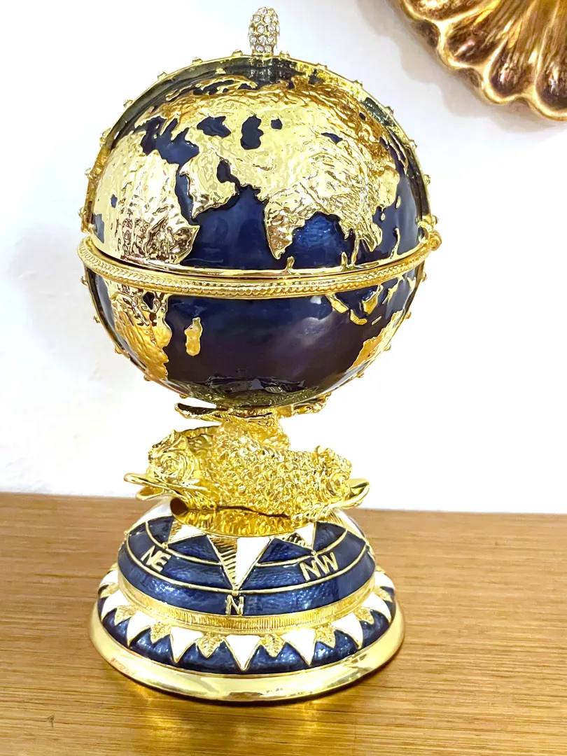Pierre Lorren Faberge Style Egg 24k Gold Handmade Faberge Christmas Egg Swarovski Twin Fish for Luck Sailboat Symbolism Wisdom & Prosperity