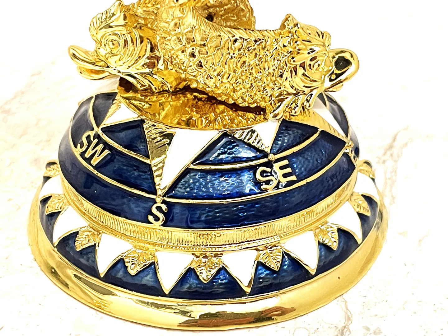 Pierre Lorren Faberge Style Egg 24k Gold Handmade Faberge Christmas Egg Swarovski Twin Fish for Luck Sailboat Symbolism Wisdom & Prosperity
