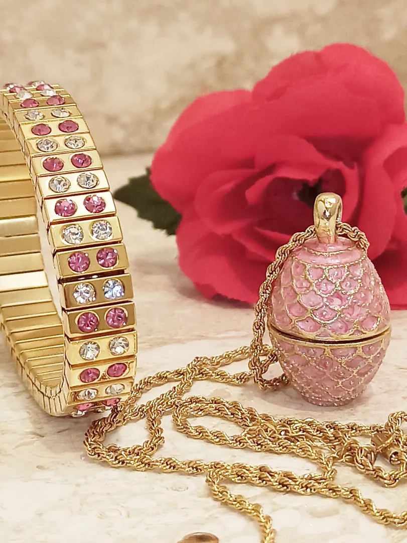 Pink Jewelry for women, Faberge Egg Necklace, and Bracelet, Pink Gold Jewelry, Teen Girl Jewelry, Teenage Girl Gifts, Teen Birthday, 24k Gold, Faberge