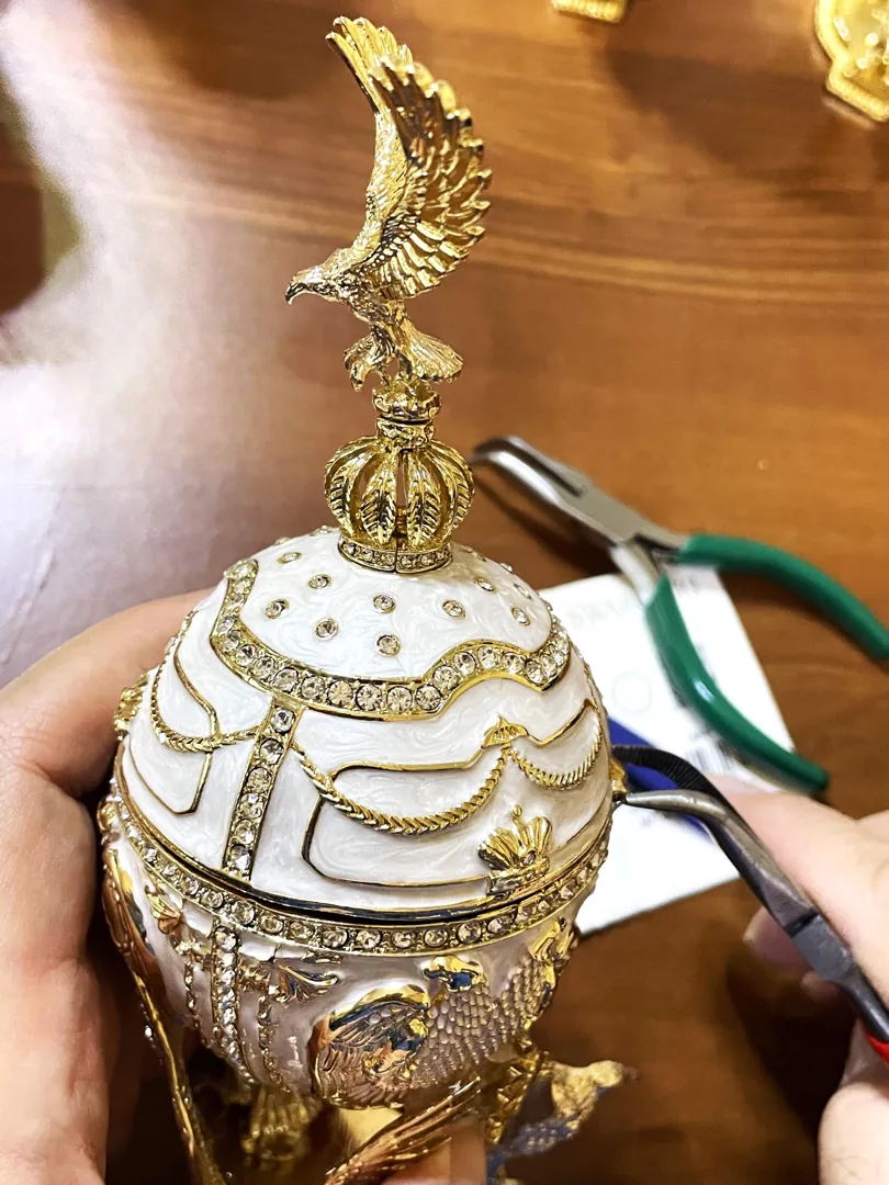 White Limited Edition Musical Faberge Egg Pure Gold Decor Swarovski Crystal Diamond Faberge Style Egg Bride-to-Be Anniversary Wedding Gift