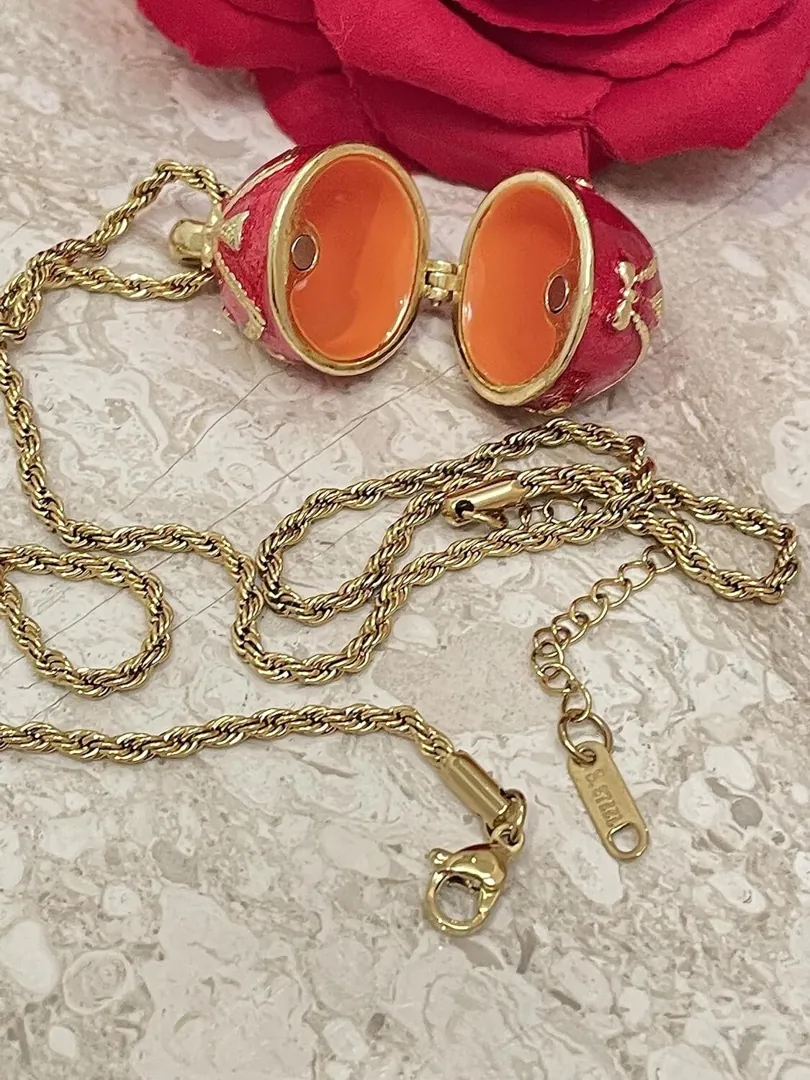Pure Gold Rose Red Faberge Egg Valentine's Day Gift for Her Faberge Style Egg Trinket PLUS Faberge Egg Necklace Pendant HANDMADE Jewelry
