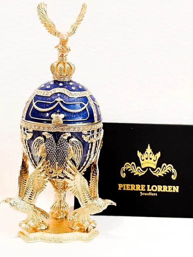 Pierre Lorren Fabergé Egg Sapphire Blue Fabergé Egg Music Box Trinket Box Austrian Crystal Diamonds Pure Gold Decor Foresight Wisdom Gift